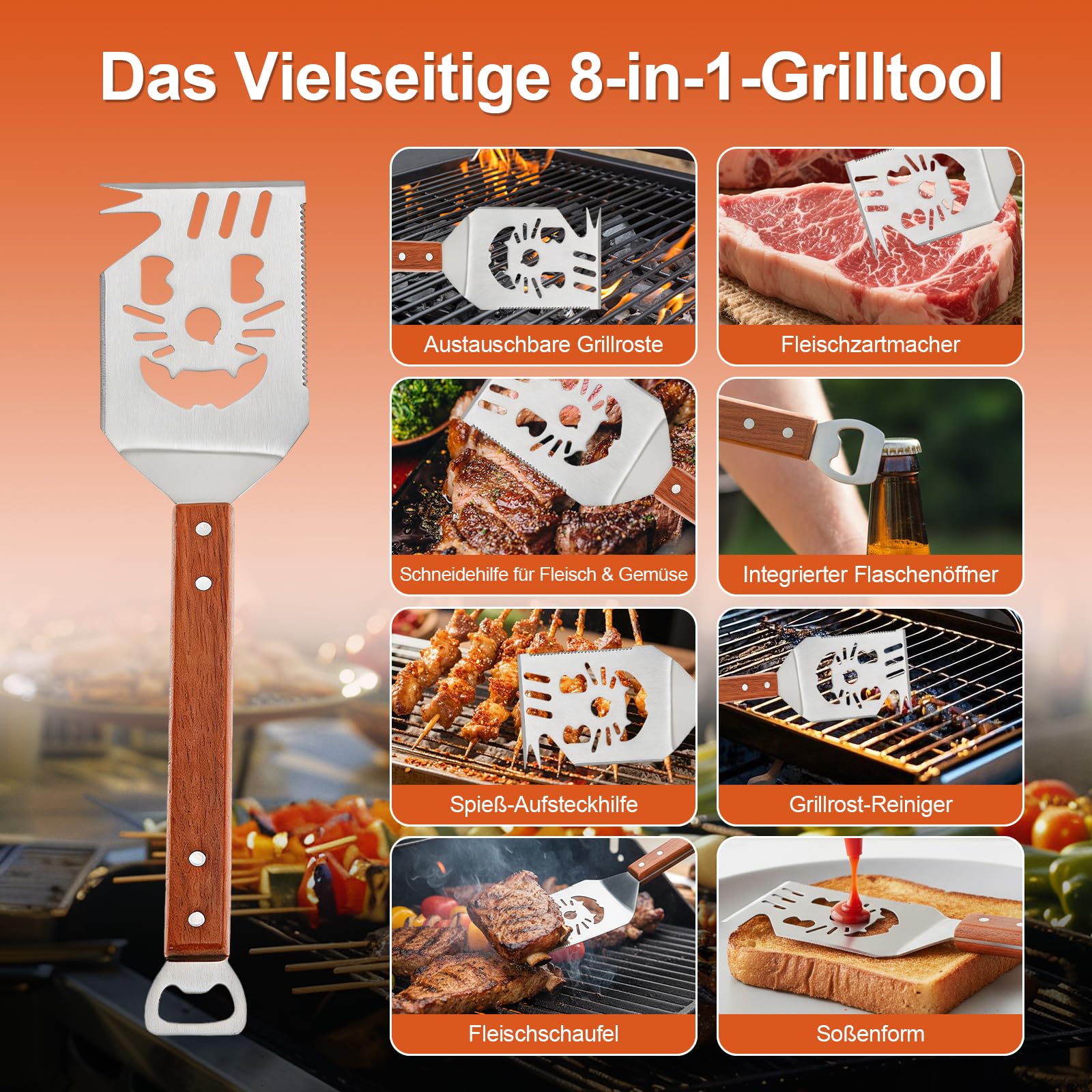 Grillbesteck Set 3-TLG, 8 in 1 BBQ Grillspachtel mit Holzgriff, EdelstahI, 42 * 9.5cm Einzigartige Grillwerkzeuge, Multifunktionales Grill Zubehör, Professional Grill Geschenke für männer
