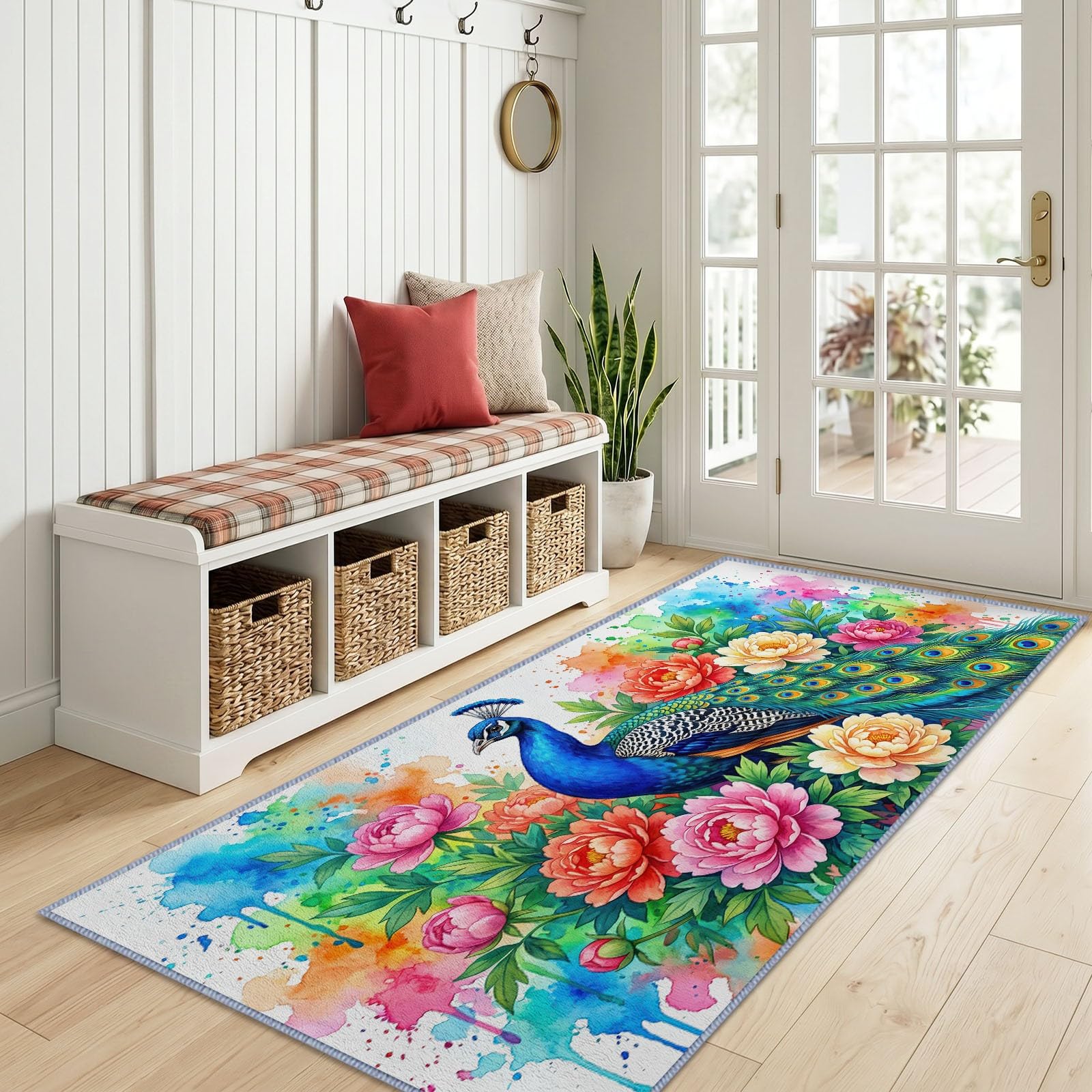 Pavo real azul flores alfombra pasillo lavable a máquina 80x180cm