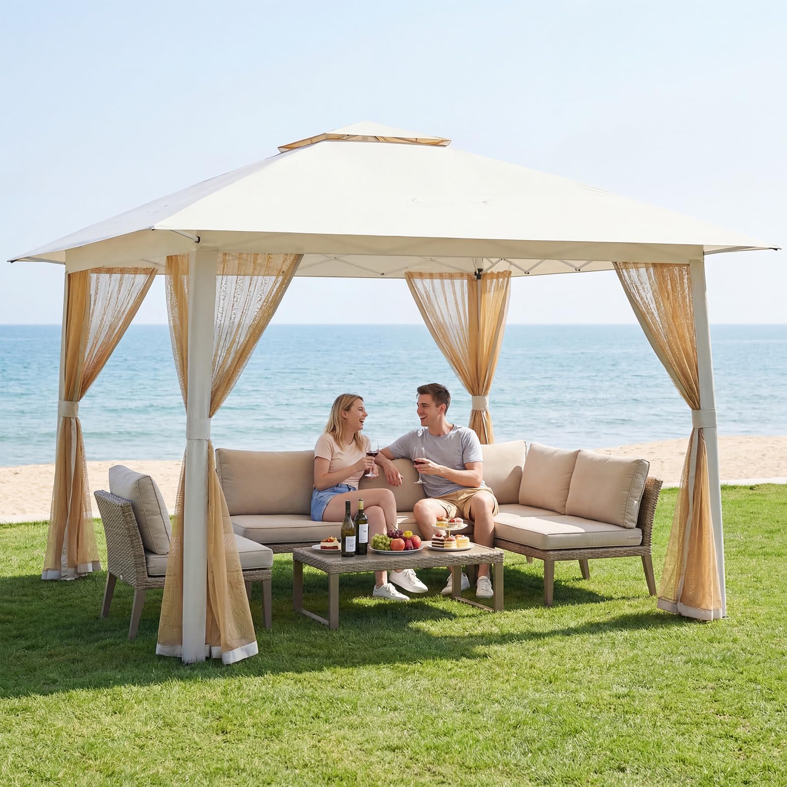 COSTWAY Gazebo da Giardino 3,94 x 3,94 M, Gazebo da Esterno con Zanzariera, Tetto Doppio, 3 Altezze Regolabili e Borsa per il Trasporto, per Feste, Barbecue, Giardino e Spiaggia (Beige)