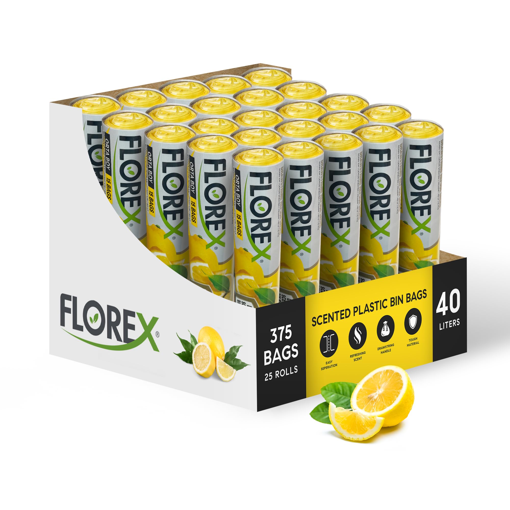40L Bin Bags Lemon Scented – 25 Rolls (375 Bags), Drawstring Bin Liners for Pedal Bins, Strong Rubbish Bags for Kitchen, Bathroom, Office, 40 Litre Trash Bags with Fresh Scent