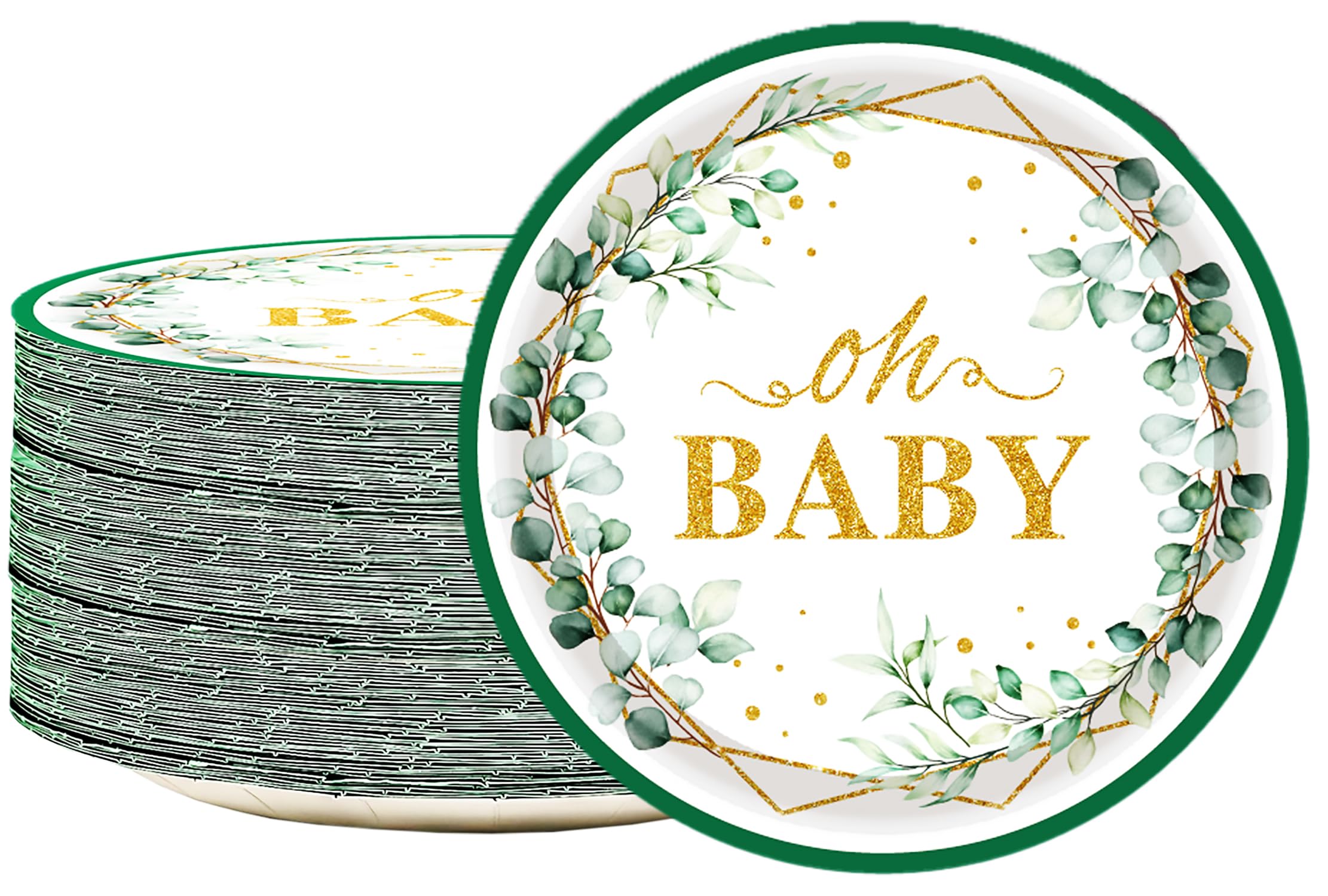 50Pcs Oh Baby Paper Plates Sage Green Baby Shower Party Supplies 7" Greenery Dessert Plates Eucalyptus for Kids Gender Reveal Birthday Party