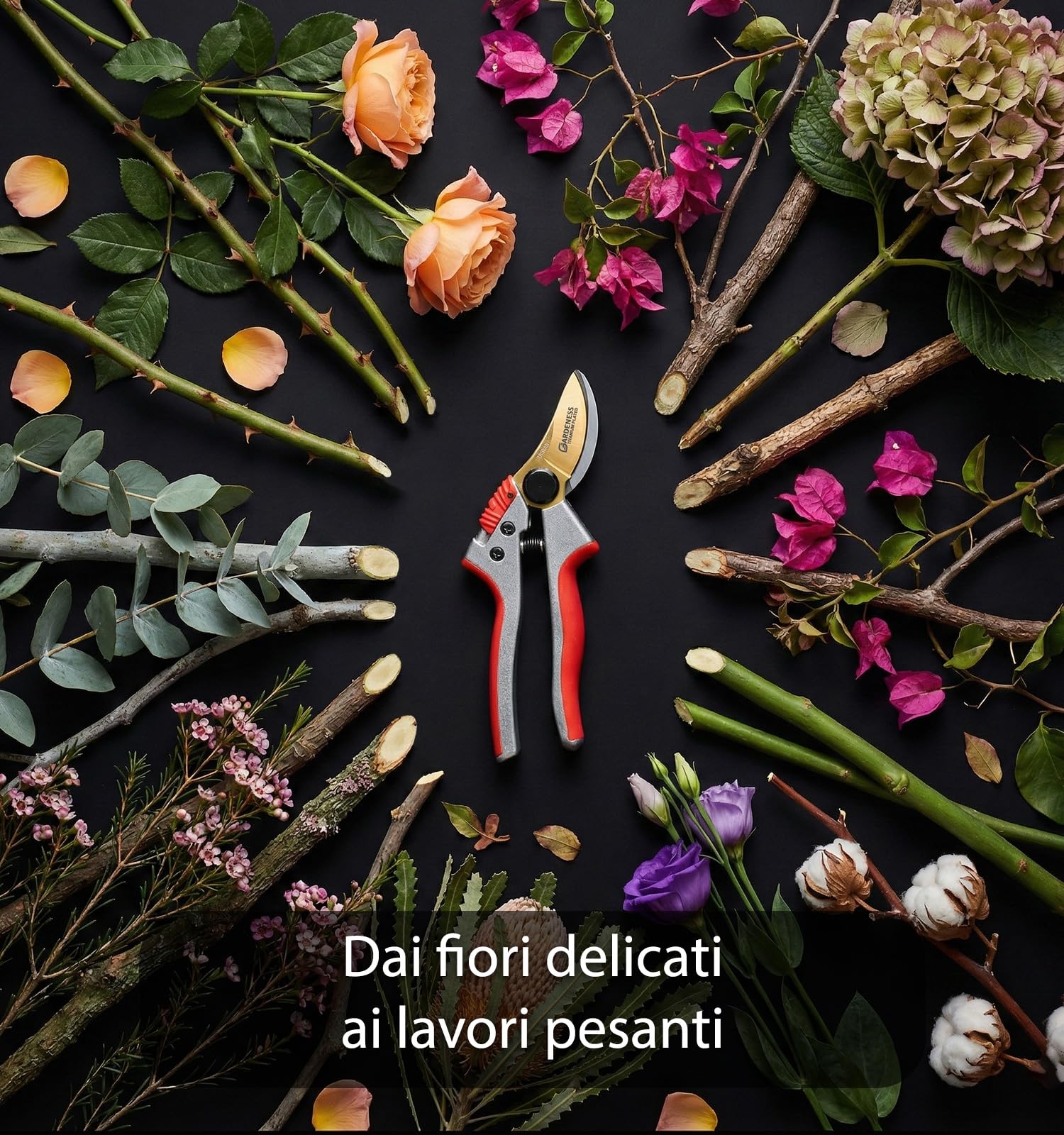 Gardeness Forbici da potatura Bypass in titanio – Cesoie in acciaio SK5 con impugnatura morbida per fiori, rami e piante, ideale per fioristi e giardinaggio