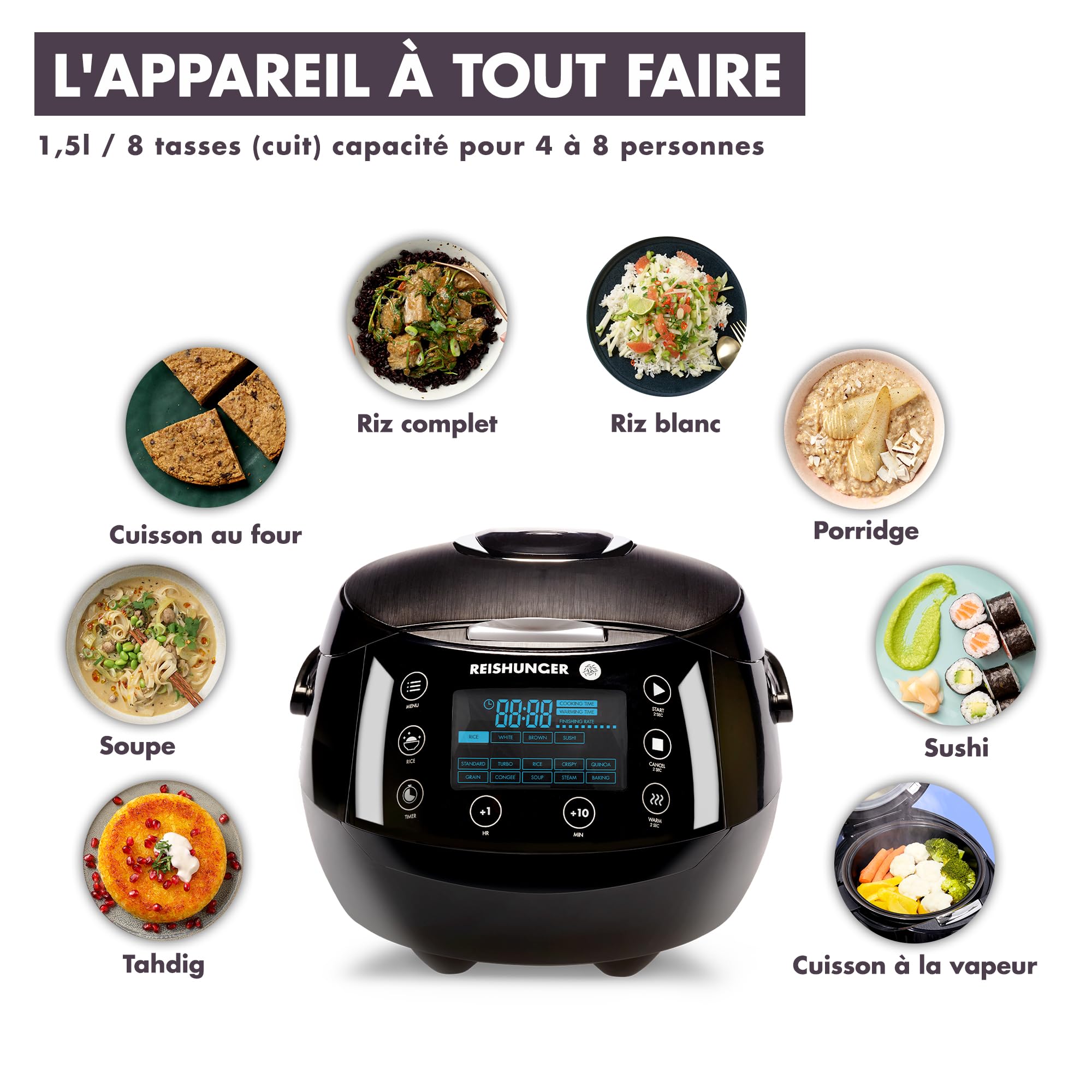 REISHUNGER Cuiseur à riz (rice cooker) & cuiseur vapeur numérique blanc avec avec bol en céramique & - 12 programmes, technologie 7 phases, 1.5 l jusqu'à 8 personnes - Robot cuiseur | Jusqu'à 8 personnes - Minuteur et récipient intérieur Premium - Marmite