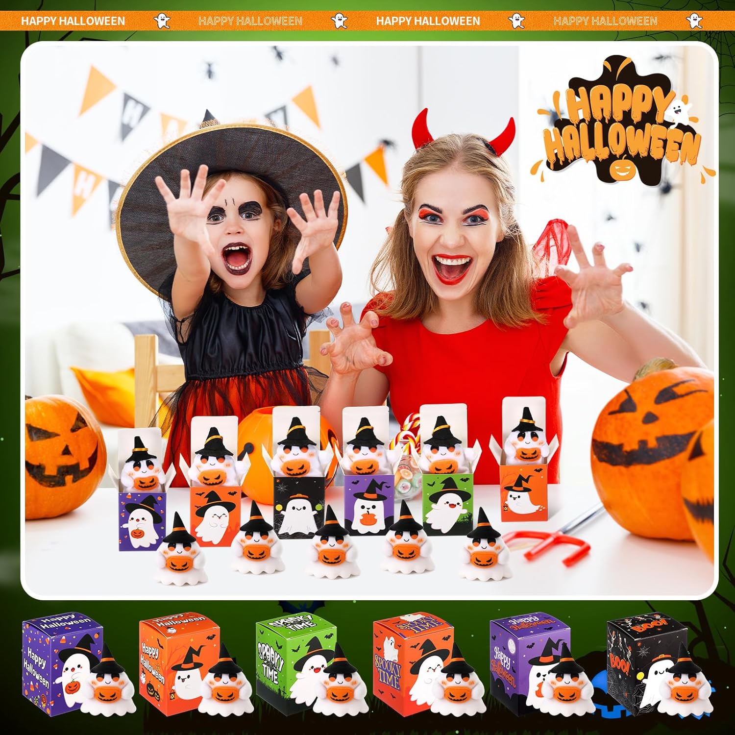 Civaner 24 Sets Halloween Stuffed Animal Mini Plush Toys Bulk with Gift Boxes Small Pumpkin Witch Hat and Keychains for Halloween Party Favors Decorations Classroom Exchange Gifts Doll(Ghost) - Image 4