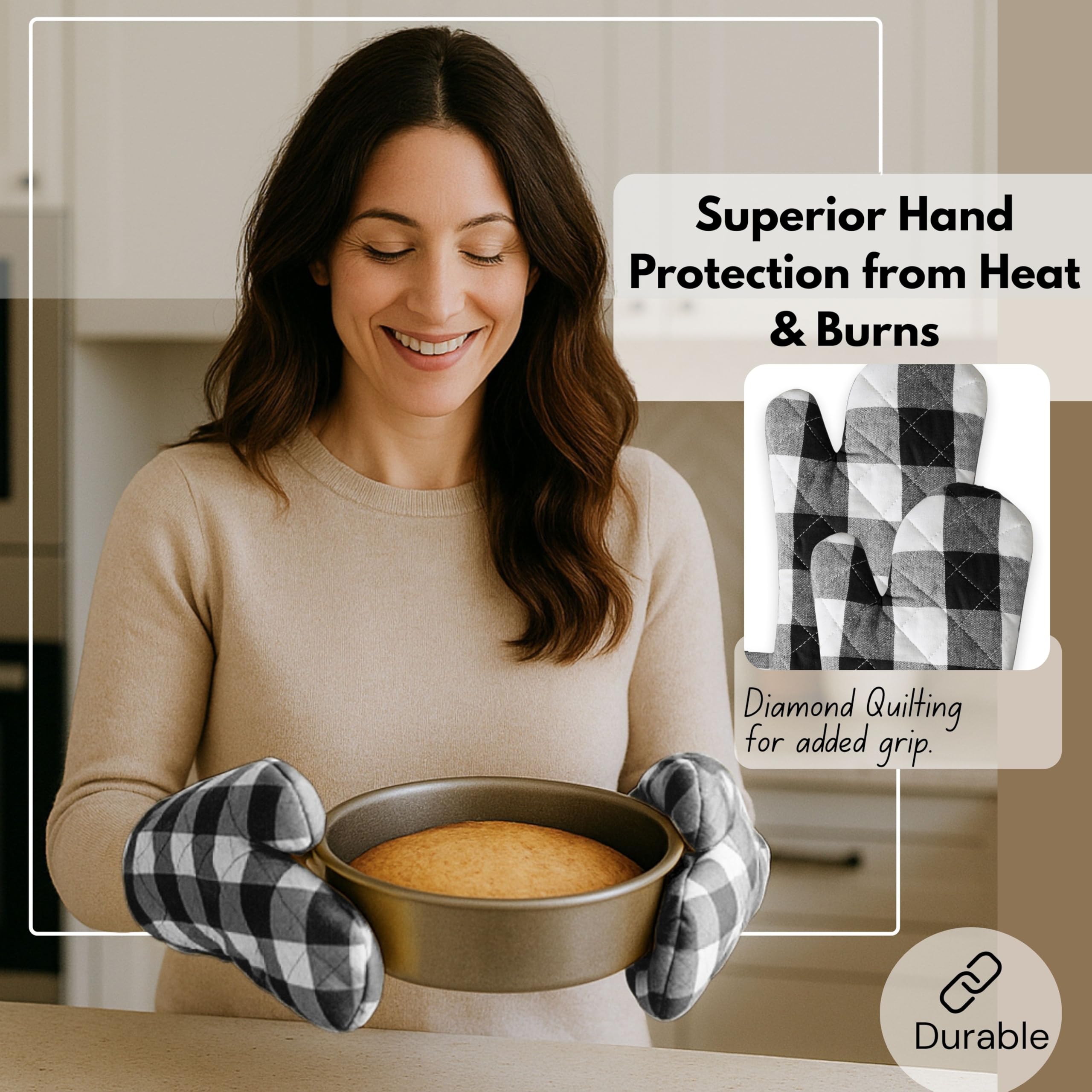 Native Fab Buffalo - Set di 4 guanti da forno e presine a quadri in 100% cotone, resistenti al calore, 2 guanti da forno (7 x 13), 2 presine (8 x 8) per cucinare e cuocere, nero e bianco
