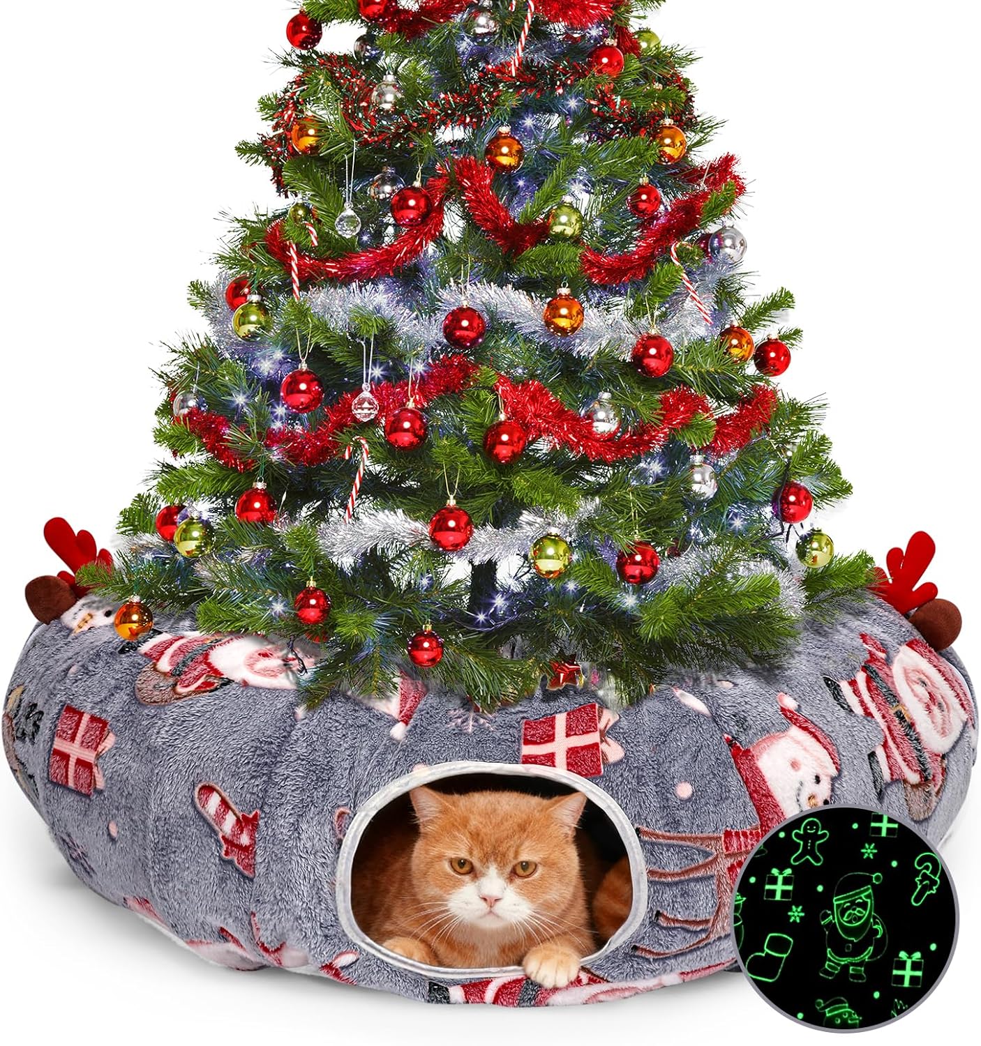 Cat Tunnel Christmas Tree Skirt, Christmas Tree Cat Tunnel Bed, Cat Donut Tunnels Bed for Indoor Cats, with Washable Cushion, Hanging Toy Ball, Christmas Tree Protector & Decoration