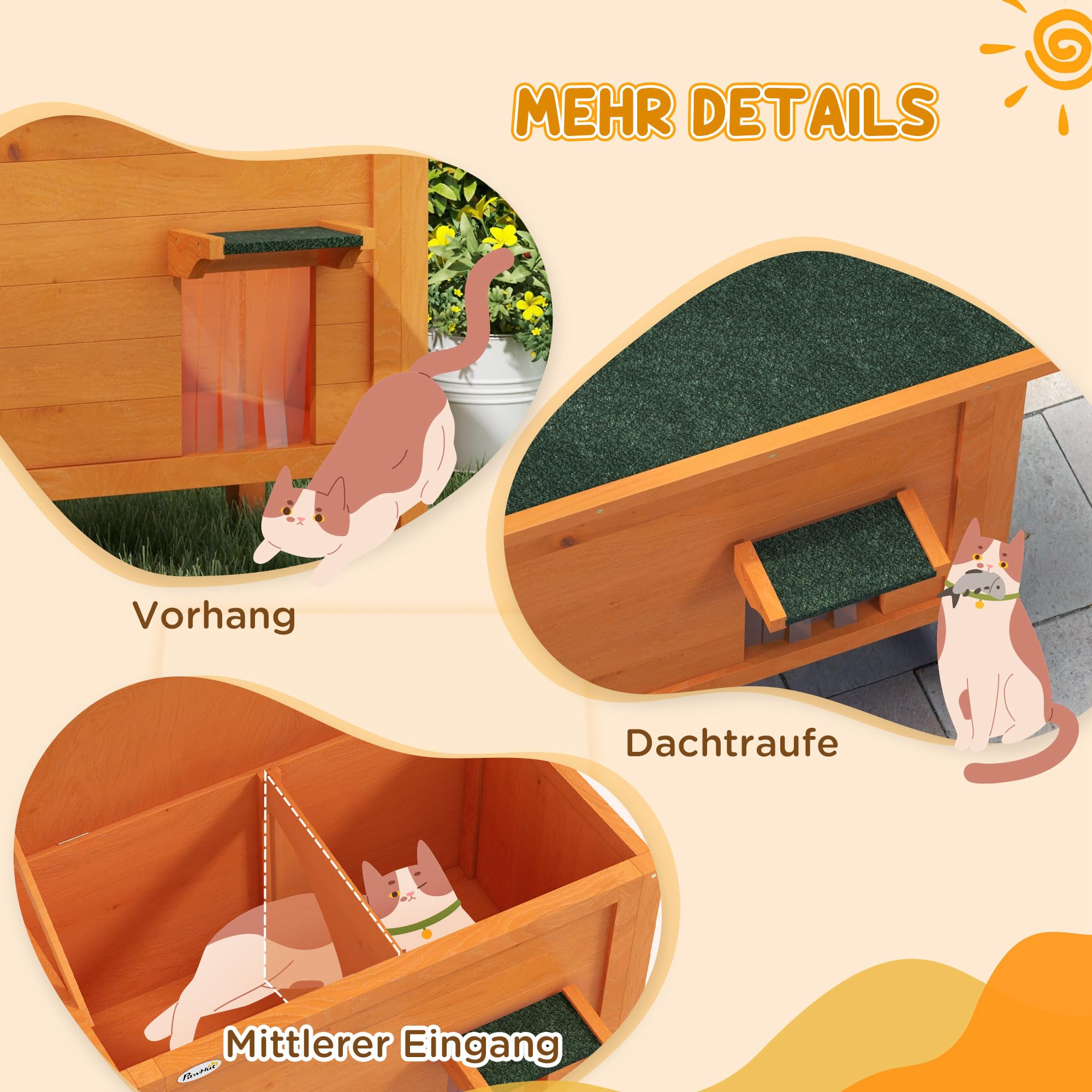 PawHut Casa per gatti esterna, 85 x 50 x 68.5cm, Arancione | Casa gattini legno isolata, pavimento rimovibile, tetto apribile resistente all'acqua
