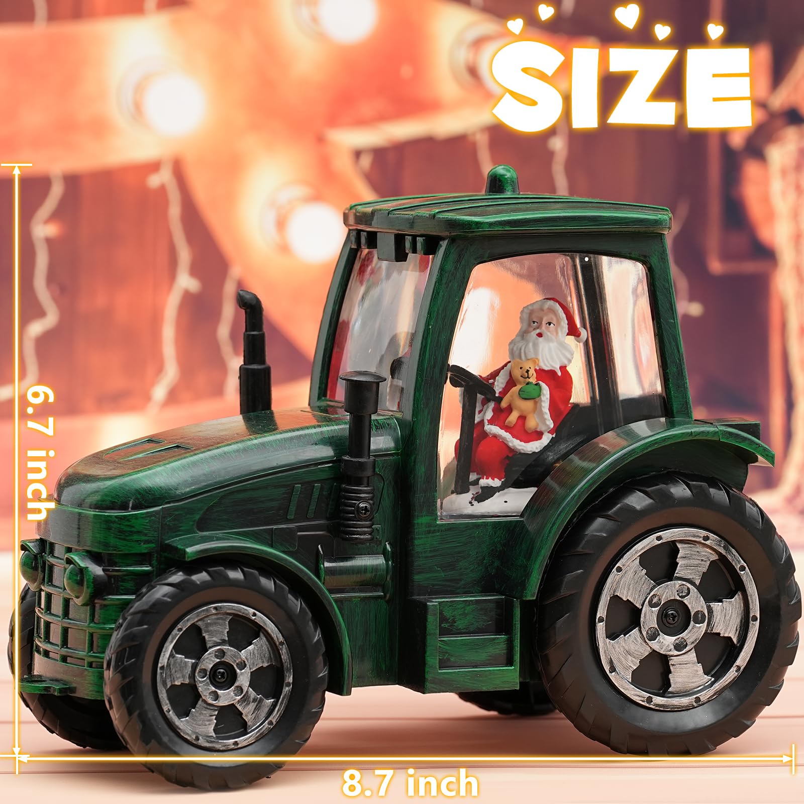 Boule à Neige de Noël, Tracteur Vert, minuterie 6h, Lanterne de Noël Musicale éclairée par Piles et USB, décoration de Noël à Paillettes, Cadeaux pour Vieil Homme, père