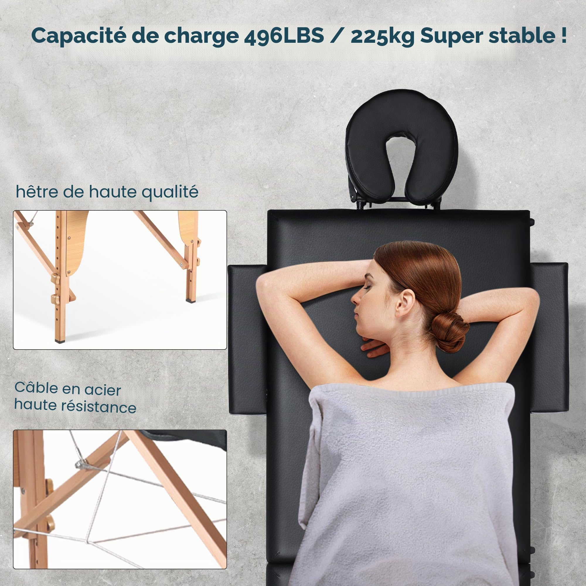 BODIOO Table de massage pliable mobile avec pieds en bois 2 zones réglables en hauteur Lit de massage portable avec appui-tête et accoudoirs Charge maximale 250 kg Noir
