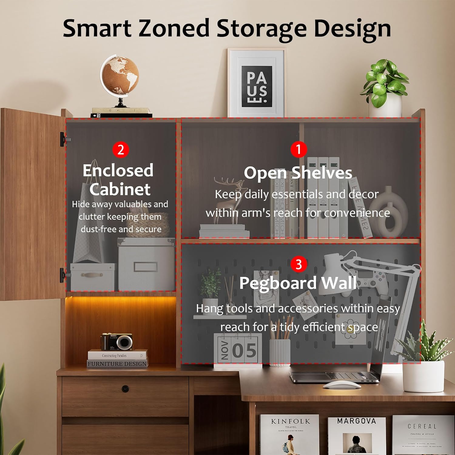 L Shaped Desk with Hutch, Wooden Home Office Desk with 4 Drawers, Storage Cabinet, Charging Station, Corner Writing Computer Desk(Right Side Desk, Brown)