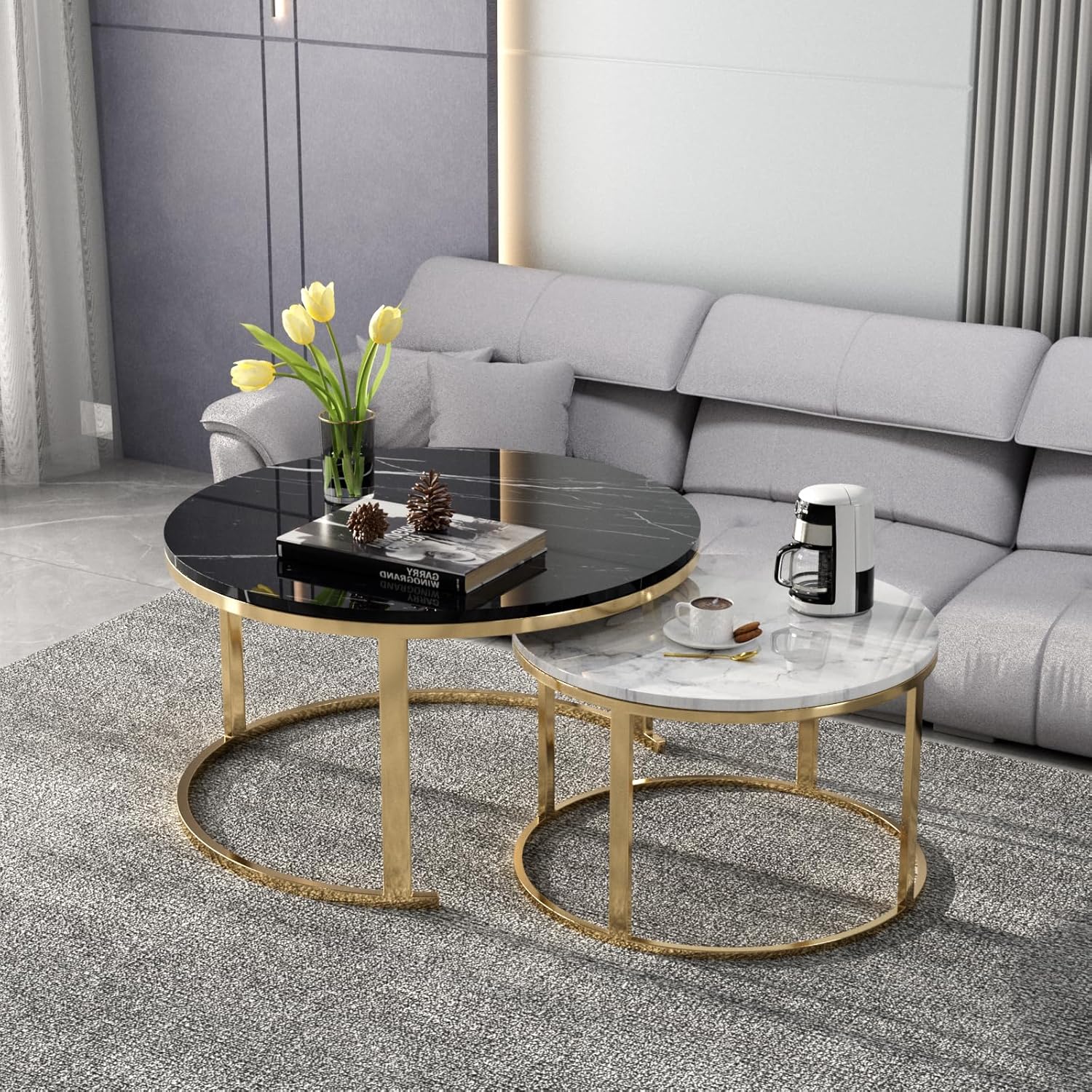 Nesting Coffee Table Set of 2, 32" Round and Marble Pattern Wooden Tables with Metal Frame Base, Stacking Nesting Tables for Living Room Bedroom Office, Easy Assembly & Cleaning (Black & White M1)