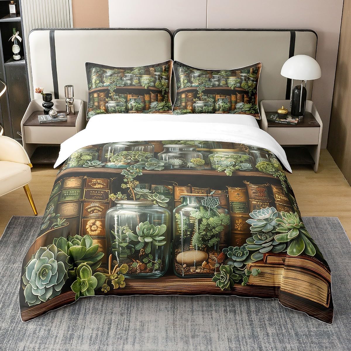 Castle Fairy Cotton Bookcase Duvet Cover Full for Kids Teens,Magic Book Reading Theme 3 Pieces Duvet Cover,Wild Succulents Botanical Plants Comforter Cover (Not Comforter),Farmhouse Style Quilt Cover