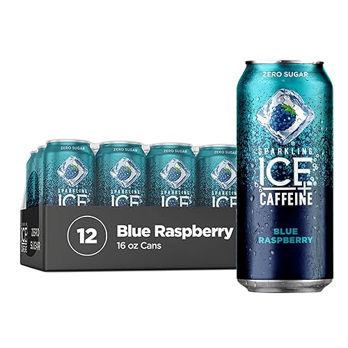 Sparkling Ice +Caffeine, Frambuesa Azul. Agua con gas saborizada, con antioxidantes y vitaminas, cero azúcar. Latas de 16 oz (Paquete de 12)