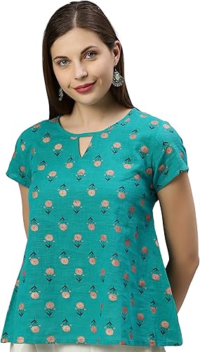 Miniatura 3 de Janasya Top indio de algodón verde azulado para mujer