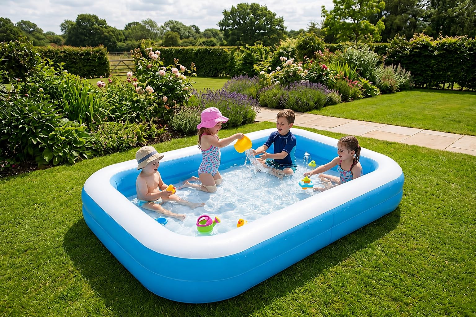 AMBLIC 5.5 Feet Kids Inflatable Swimming Pool, Full-Sized Rectangular Bathtub for Backyard Garden | Summer Party Water Play Pool for Children & Toddlers | Heavy-Duty PVC (Multicolour) (5.5 Feet)