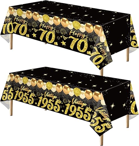 2 manteles de 70 cumpleaños, color negro y dorado, decoraciones de 70 cumpleaños para hombres y mujeres, mantel vintage de 1955, mantel rectangular