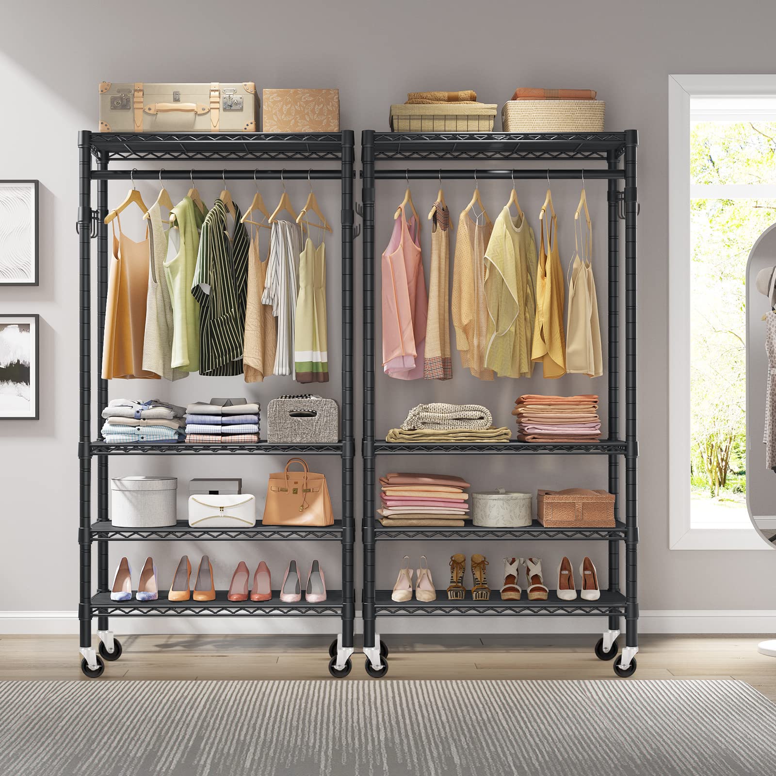 Armario Abierto para Ropa de 4 Baldas, Perchero de Pie | para Dormitorio o Vestidor, Negro, 187 × 90 × 45 cm