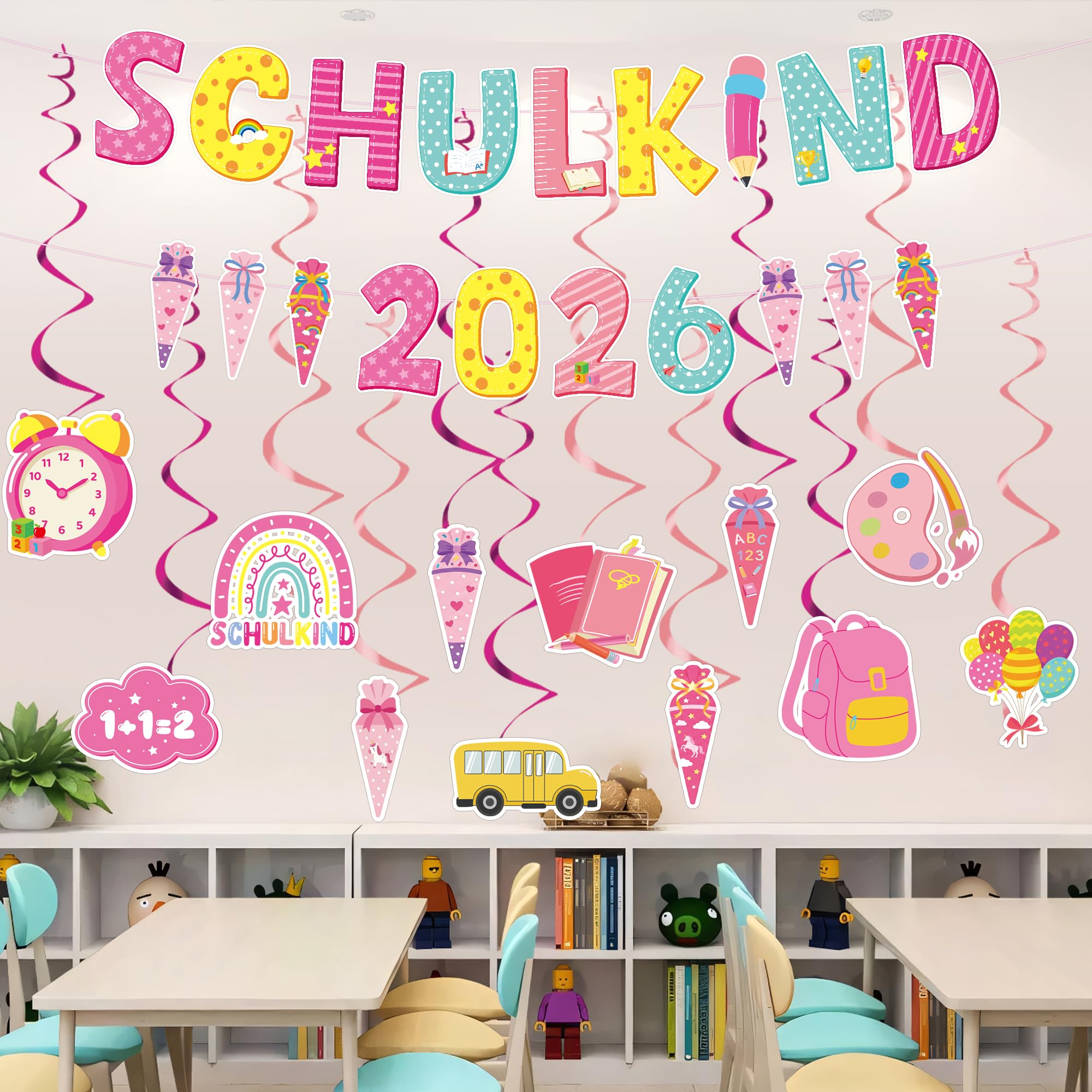 Einschulung Deko 2026 Schulkind Banner Girlande mit Hängedeko, Einschulung Mädchen Dekoration mit Schultüte Schulanfang Party Deko Set (Rosa Gelb)