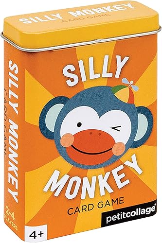 Petit Collage Silly Monkey - Juego de cartas para niños, emocionante y colorido juego familiar con lata de almacenamiento resistente incluida, fácil