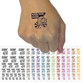 Wash Your Hands Raccoon Temporary Tattoo Water Resistant Fake Body Art Set Collection - Light Pink (One Sheet)