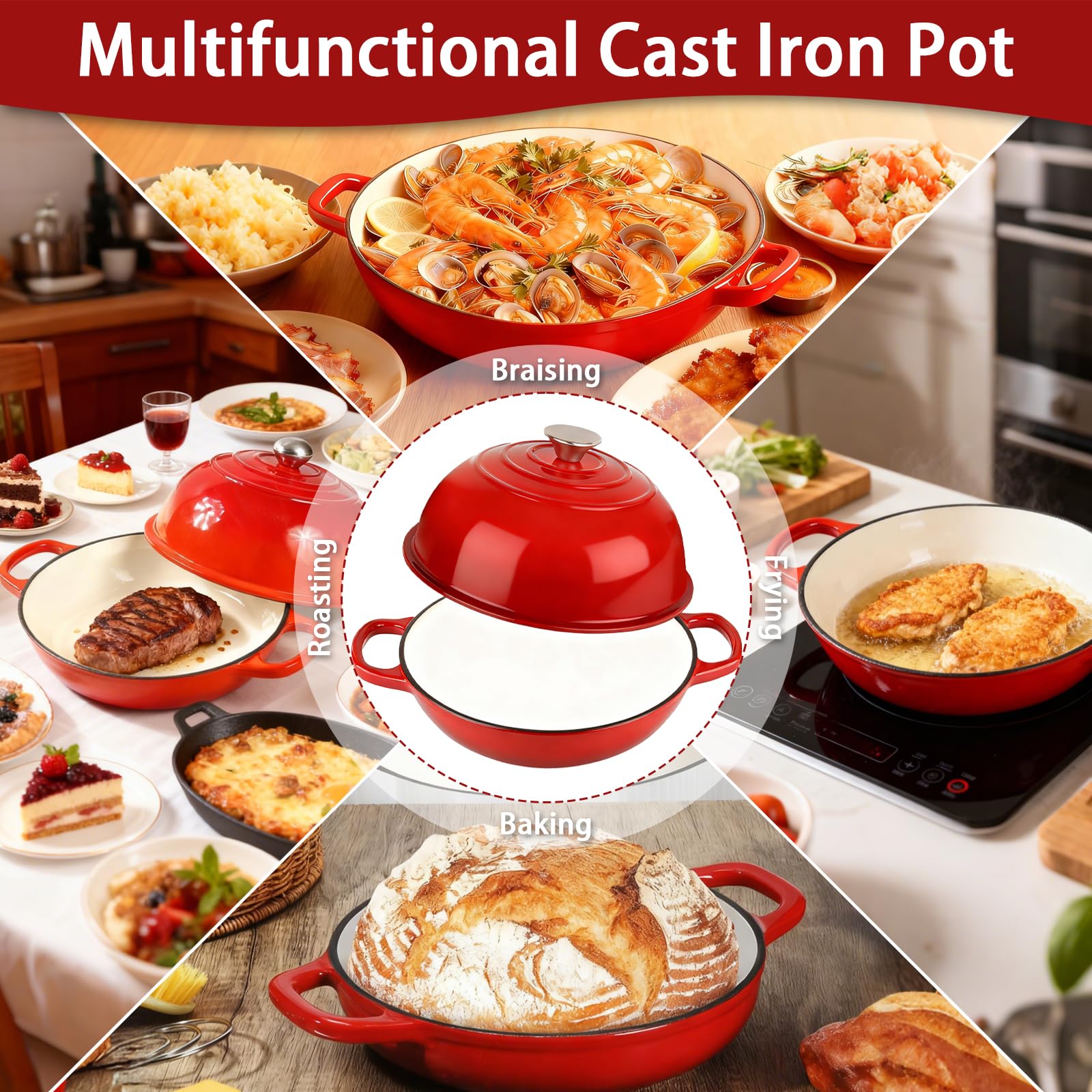 Pentola in Ghisa Smaltata 5,7L Ovale, Dutch Oven 26 cm con Coperchio, Manici in Legno e Kit Pane, Adatta a Forno fino a 260°C e Tutti i Piani Cottura
