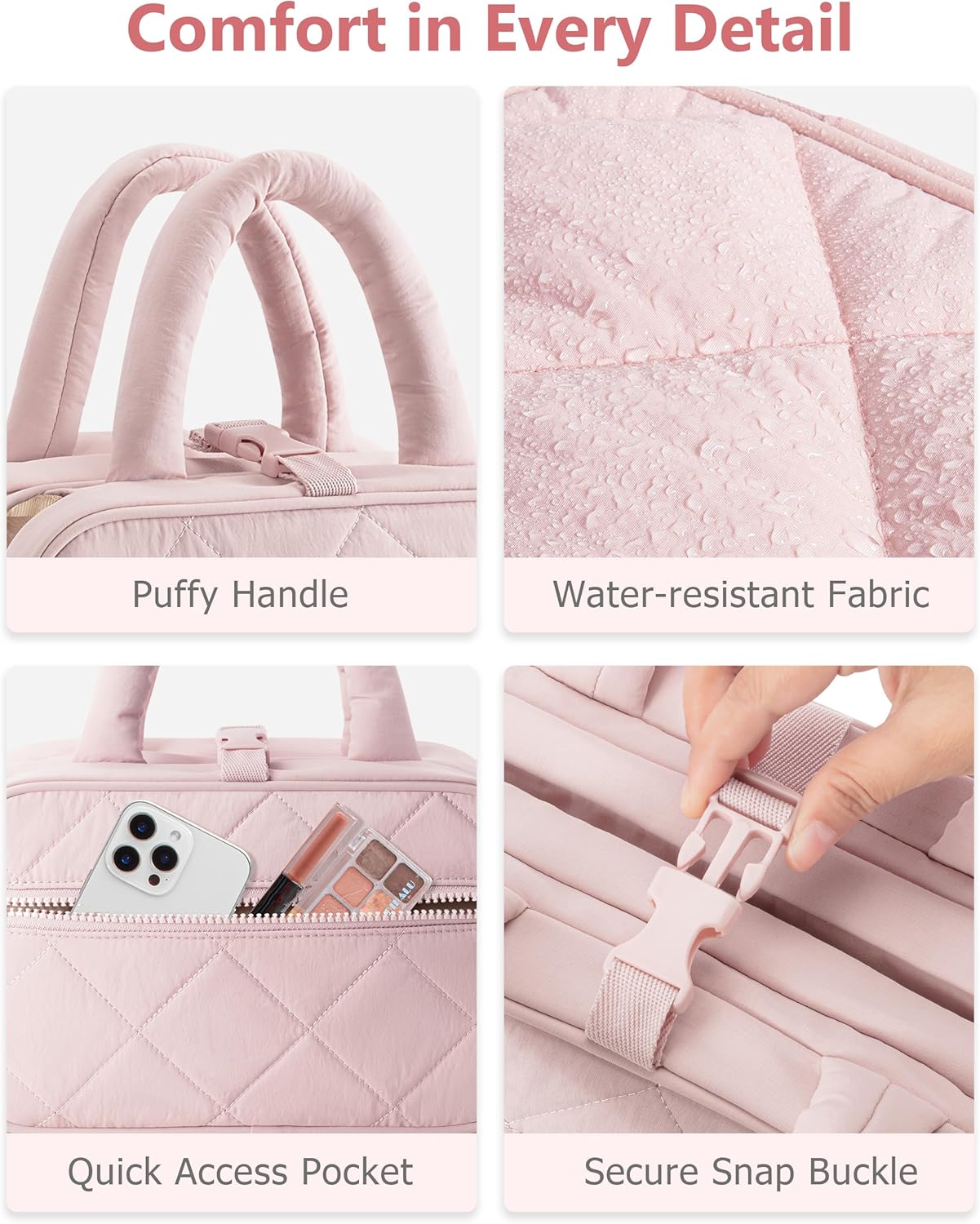 Travel Toiletry Bag for Women with Hanging Hook, Puffy Makeup Organizer with Brushes Slots for Bathroom, Shower and Beauty Essentials, Pink - Image 7