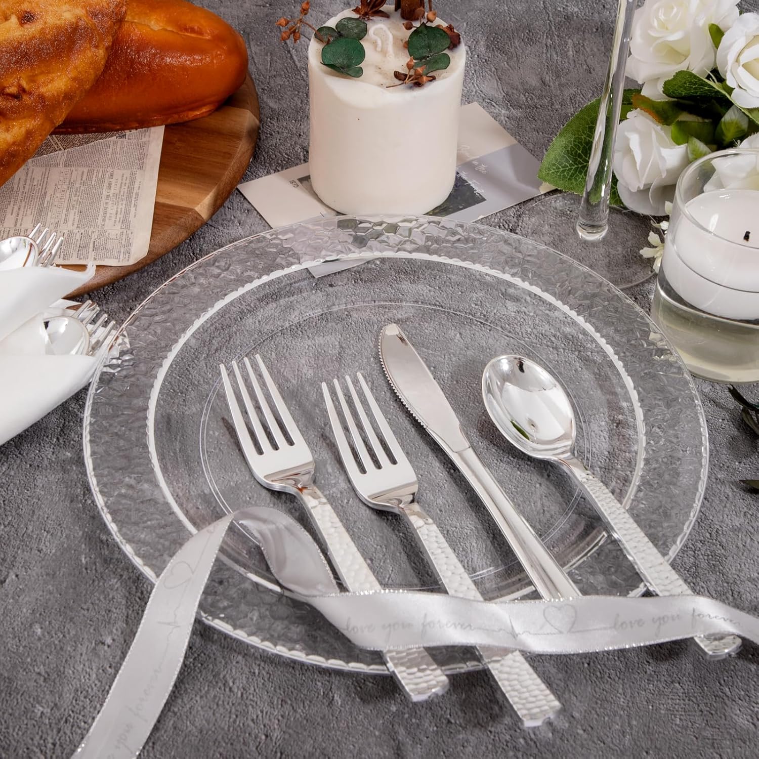 400PCS Pre Rolled Silver Plastic Silverware Sets - Heavy Duty Hammered Silver Cutlery - Include 100 Pack Wrapped Disposable Utensils with Napkins for Parties & Dinners & Weddings - Image 8