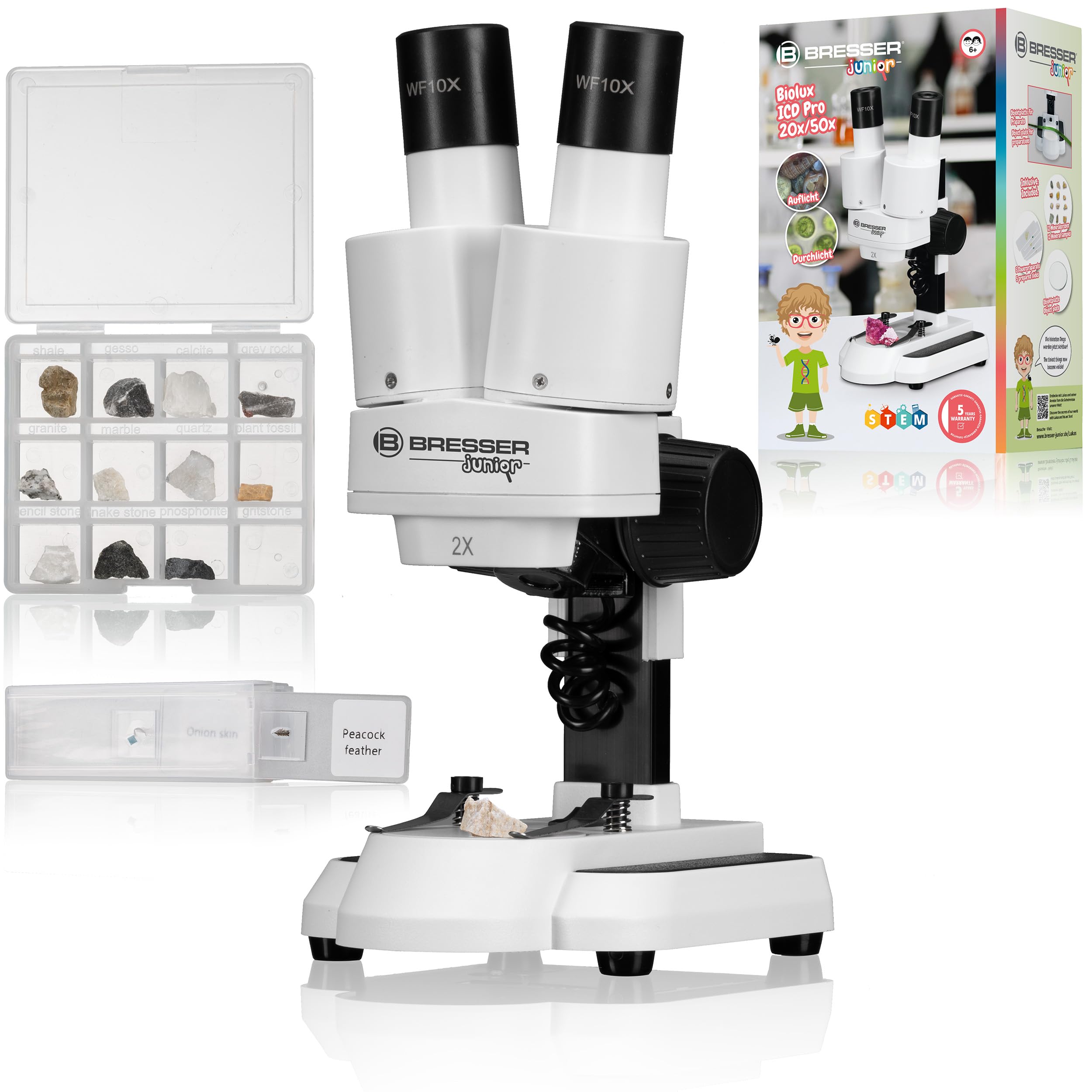 Bresser Junior Stereo 3D Microscope ICD-Pro with 20x and 50x Magnification for Children and Adults for Observing Stones, Coins, Insects and Much More, 20x / 50x