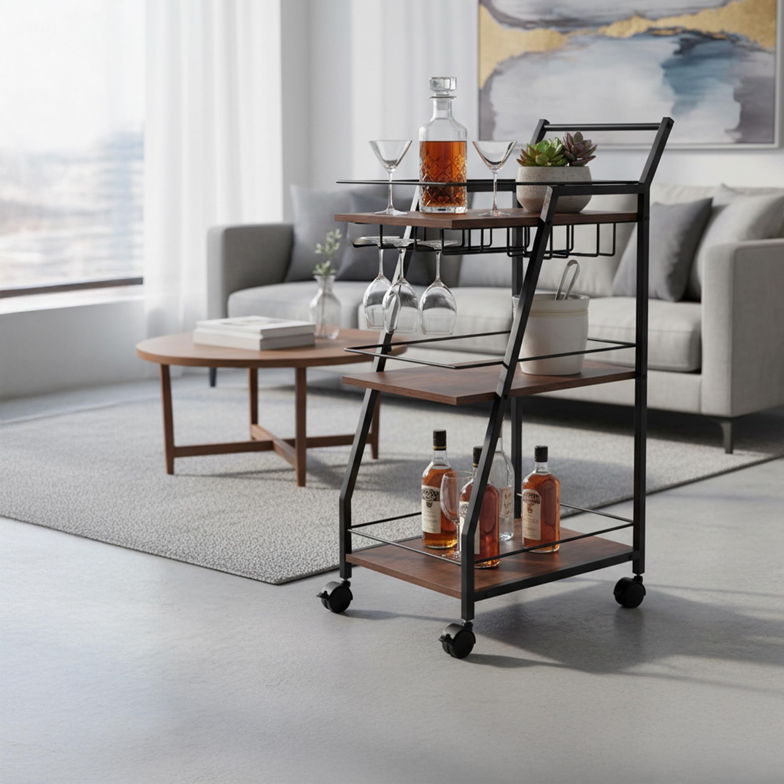 Relaxdays Carrello da Cucina 3 Ripiani, portabicchieri, Stile Industriale, su Ruote, HBT 83x39x29