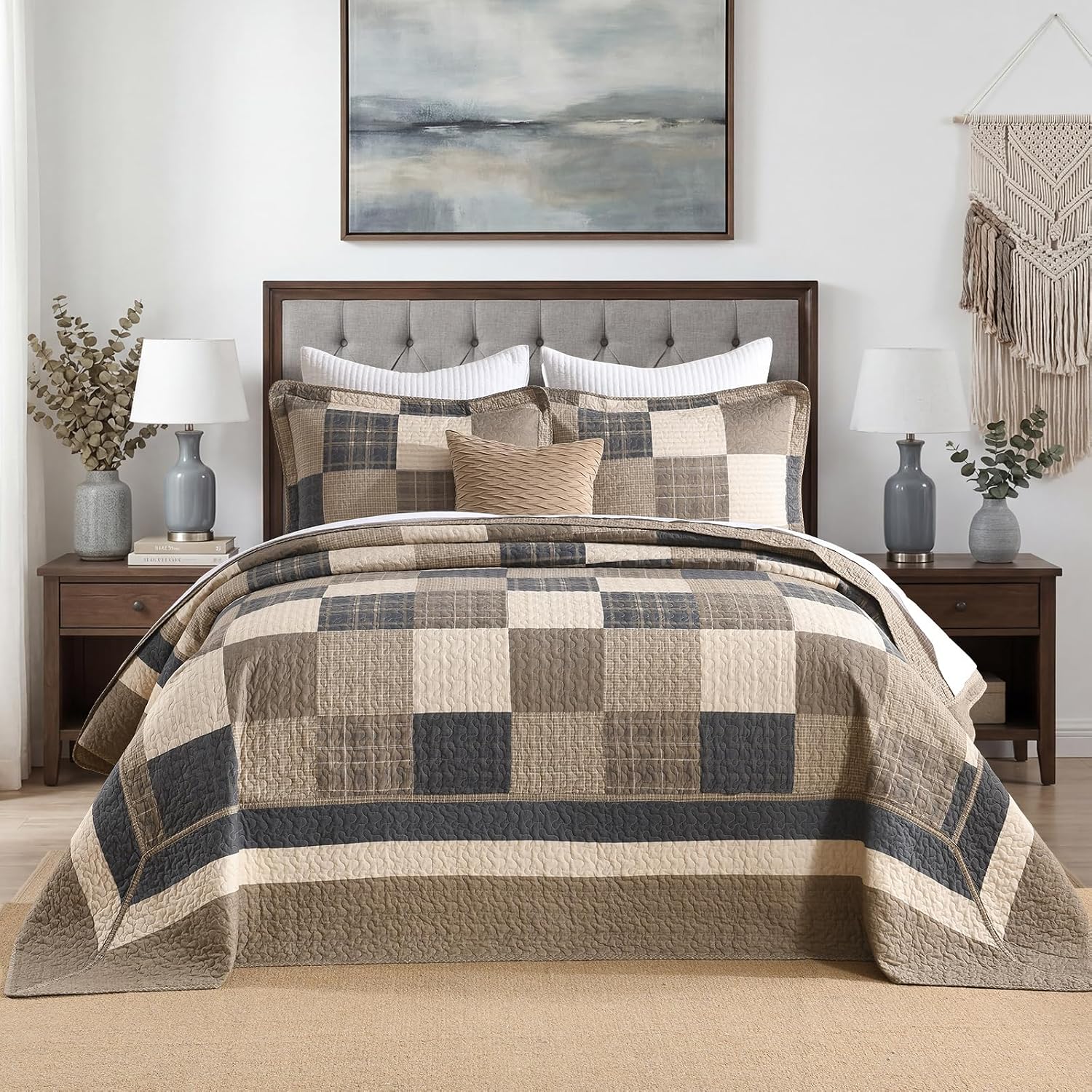 Bedduvit 100% Cotton Patchwork Plaid Bedspreads King Size, 120"x120" Farmhouse Oversized Quilt Set, Reversible All Season Lightweight Comforter Coverlet Set with 2 Pillow Shams, Charcoal/Beige/Brown
