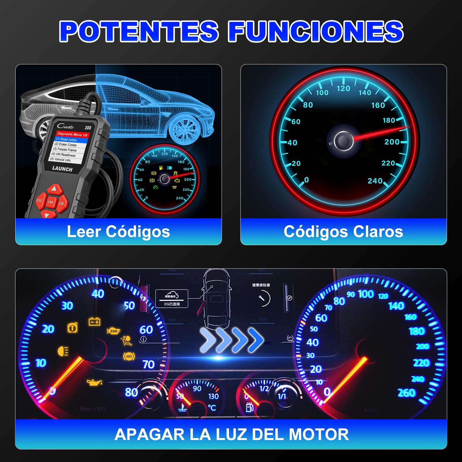 OBD2 Diagnosis Coche Multimarca LAUNCH - CR300 Scanner para Coche Multimarca, Lector Códigos Fallos Motor Autos, Completas OBDII Funciones Maquina Escaner para Todos los Vehículos OBDII