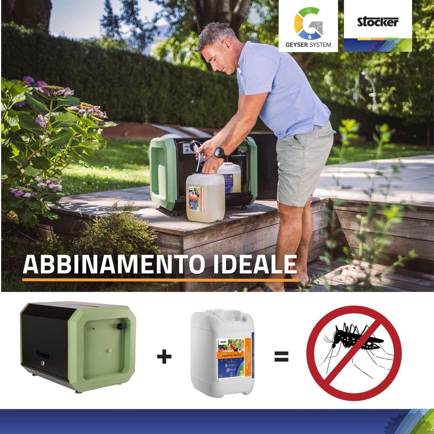 STOCKER - Kit Nebulizzatore Geyser PRO Lite - Sistema Anti-Zanzare Automatico WiFi, Copertura fino a 650 mq, 125 m di Tubo, Tanica 7 L, Alimentazione Rete o Batteria, Kit Completo di Installazione