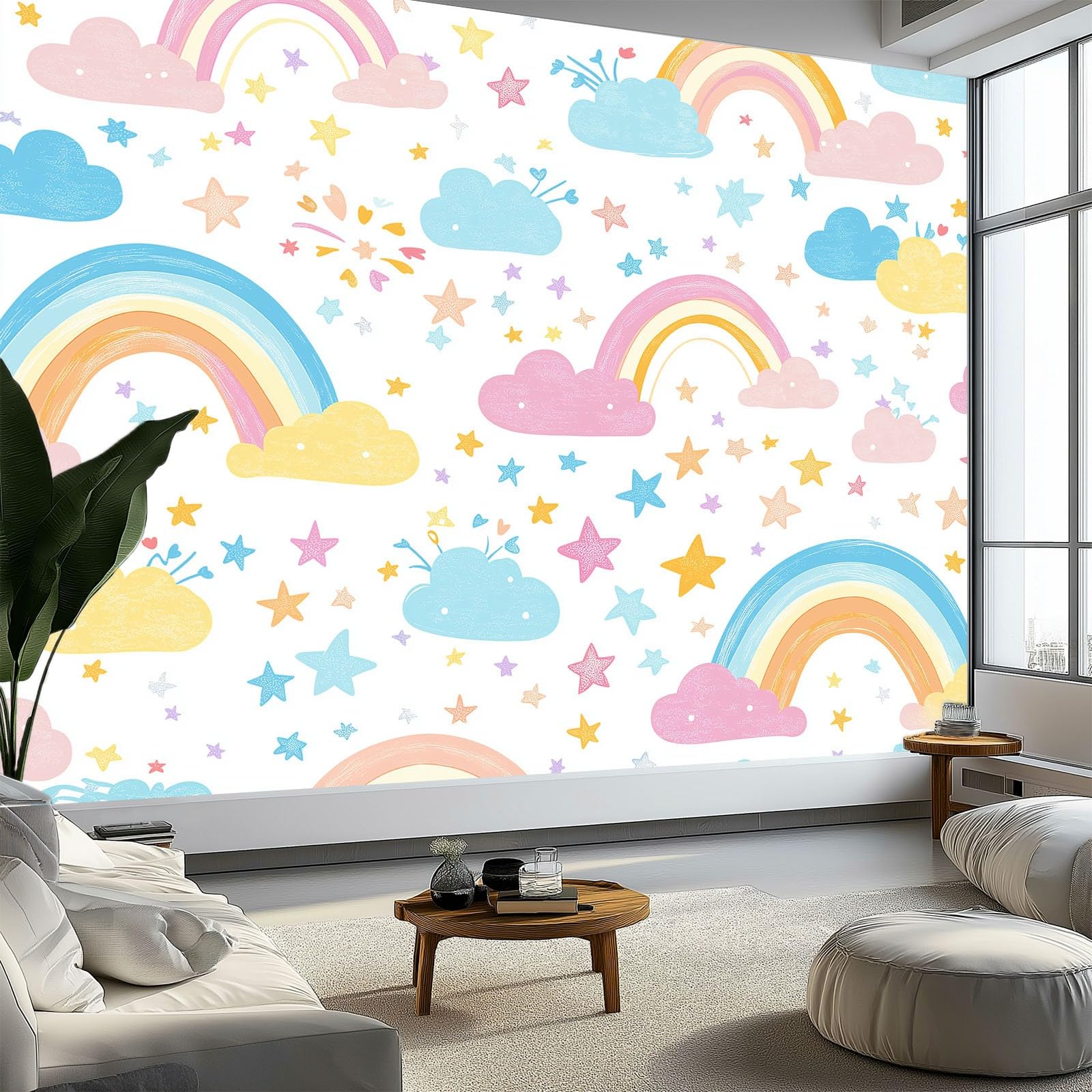 Papier peint nuages de dessins animés étoiles panoramique 350x256 cm