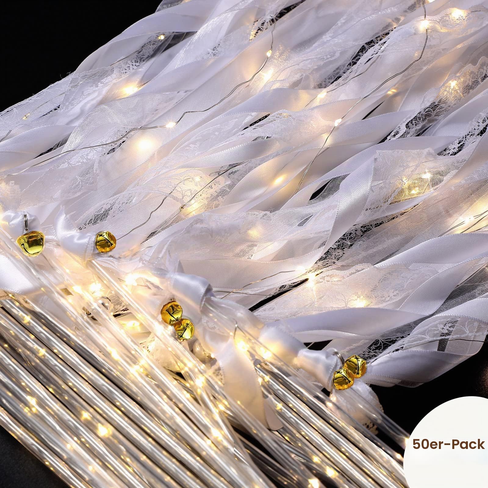 50 stück Wedding Wands Hochzeitsdeko mit LED Warmweiße Glowstick | Hochzeit Leuchtstäbe Set für Zauberstäbe Hochzeitsbändern Luftschlangen mit Glocke fur Hochzeiten Geburtstage Weihnachten