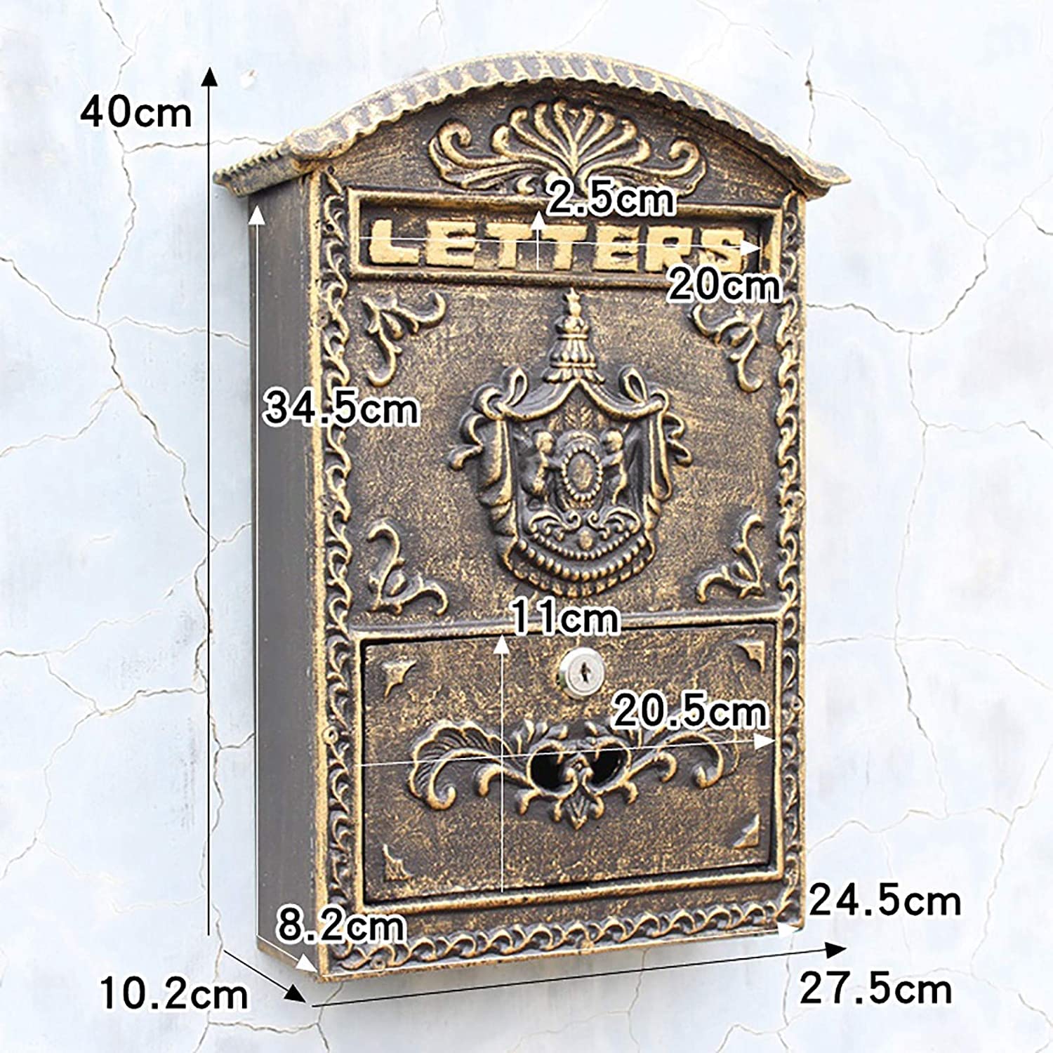 Buzones de Correos de Hierro de Hierro de Montaje en Pared de Bronce, Caja de Correo de Letras seguras de Estilo Europeo con Cerradura y Llave