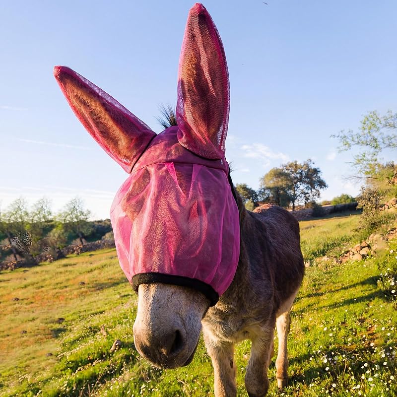 Máscara contra moscas para mini burro com proteção para orelhas Yeyeplum Rose Red
