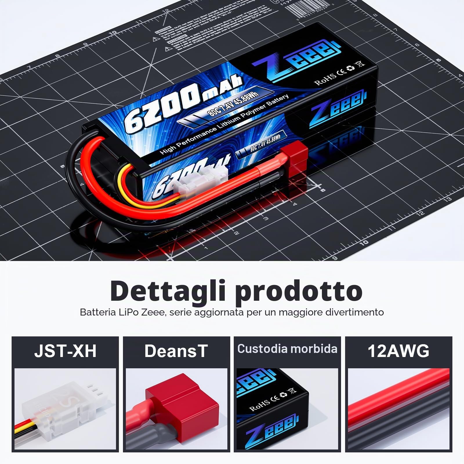 Zeee 2S Lipo 7.4V 80C 6200mAh Batteria RC Hardcase con T Plug (2 pezzi)