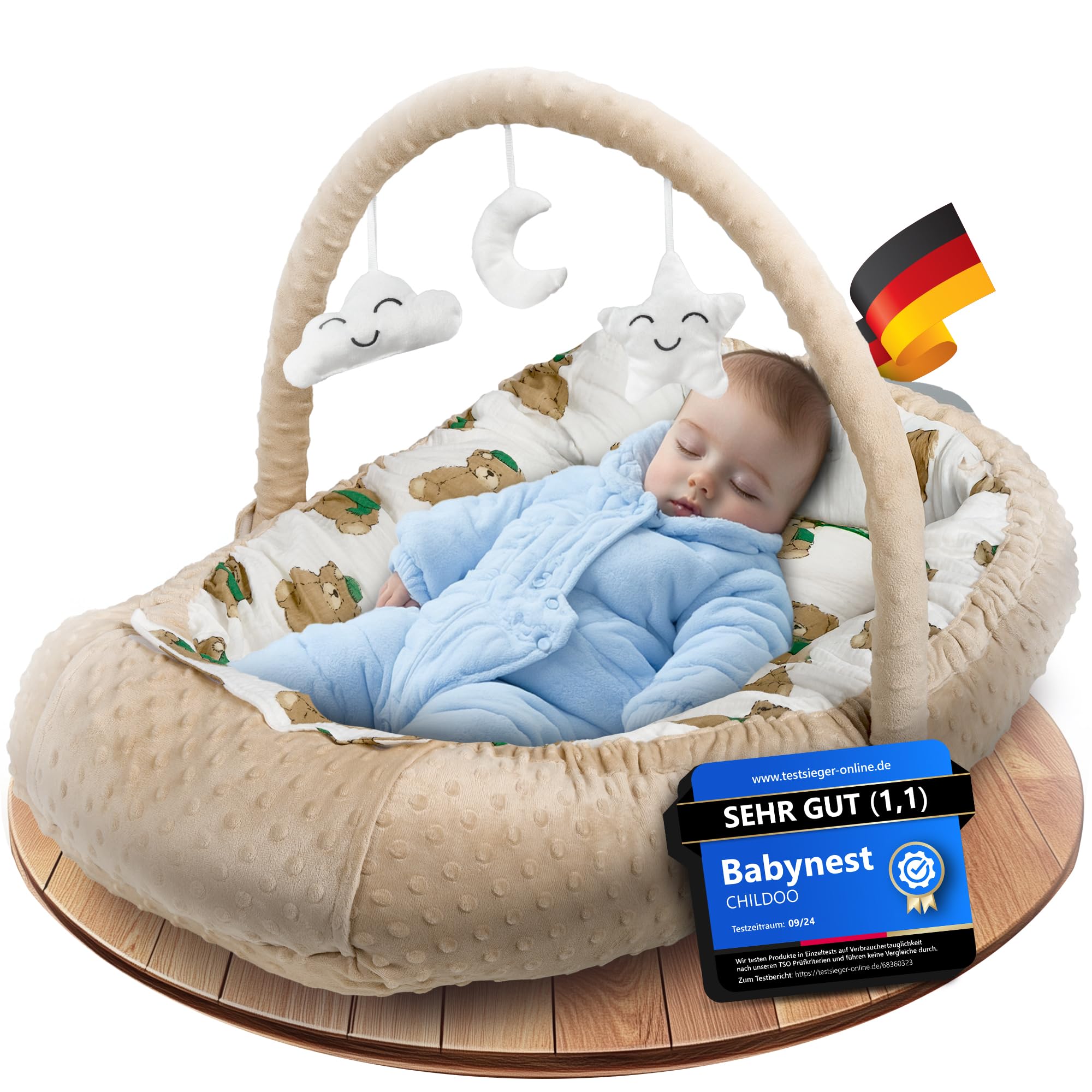 Babynest [inkl. Spielbogen] Baby Nestchen aus OEKOTEX Stoffen, Babynestchen für Neugeborene, Kuschelnest für Mädchen und Jungen | Beige & Bären (Beige mit Bären)