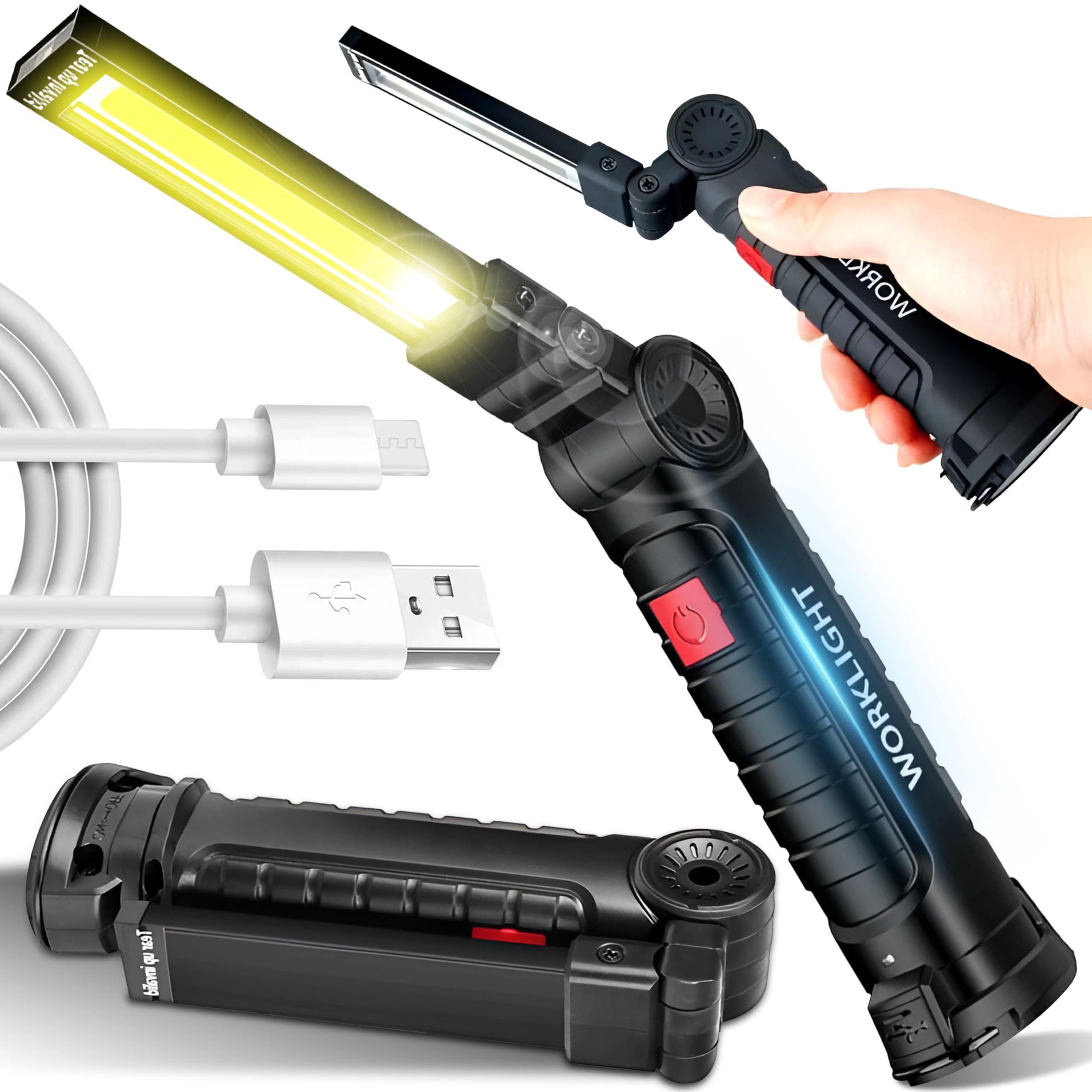 Retoo Lampa robocza LED COB, magnetyczna lampa warsztatowa z kabelem USB do ponownego ładowania, latarka do naprawy samochodu, garażu, na kemping, oświetlenie awaryjne