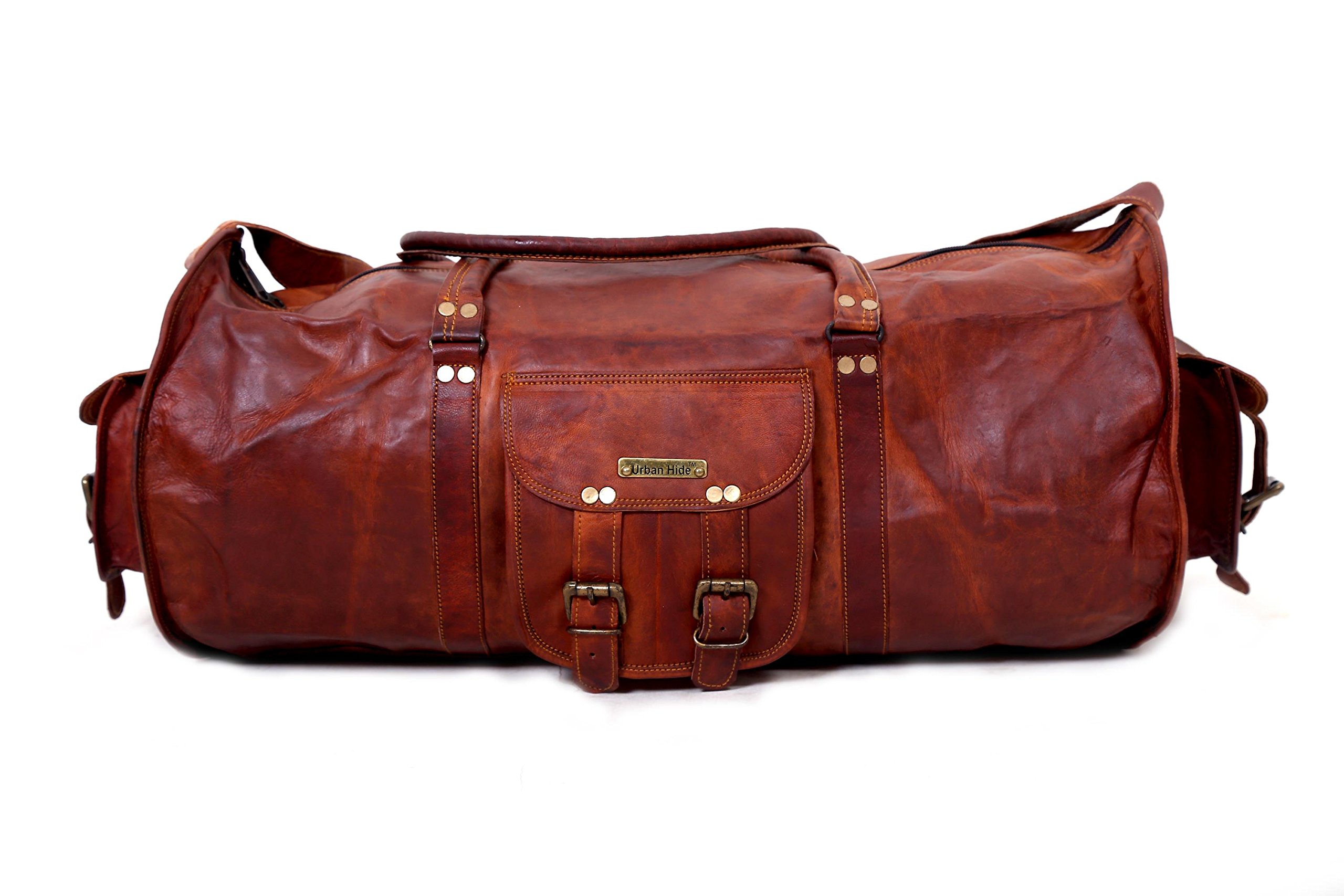 22" INCH urbankrafted Genuine Handmade Leather Round Duffle / Duffel Travel Bag for Men and Women