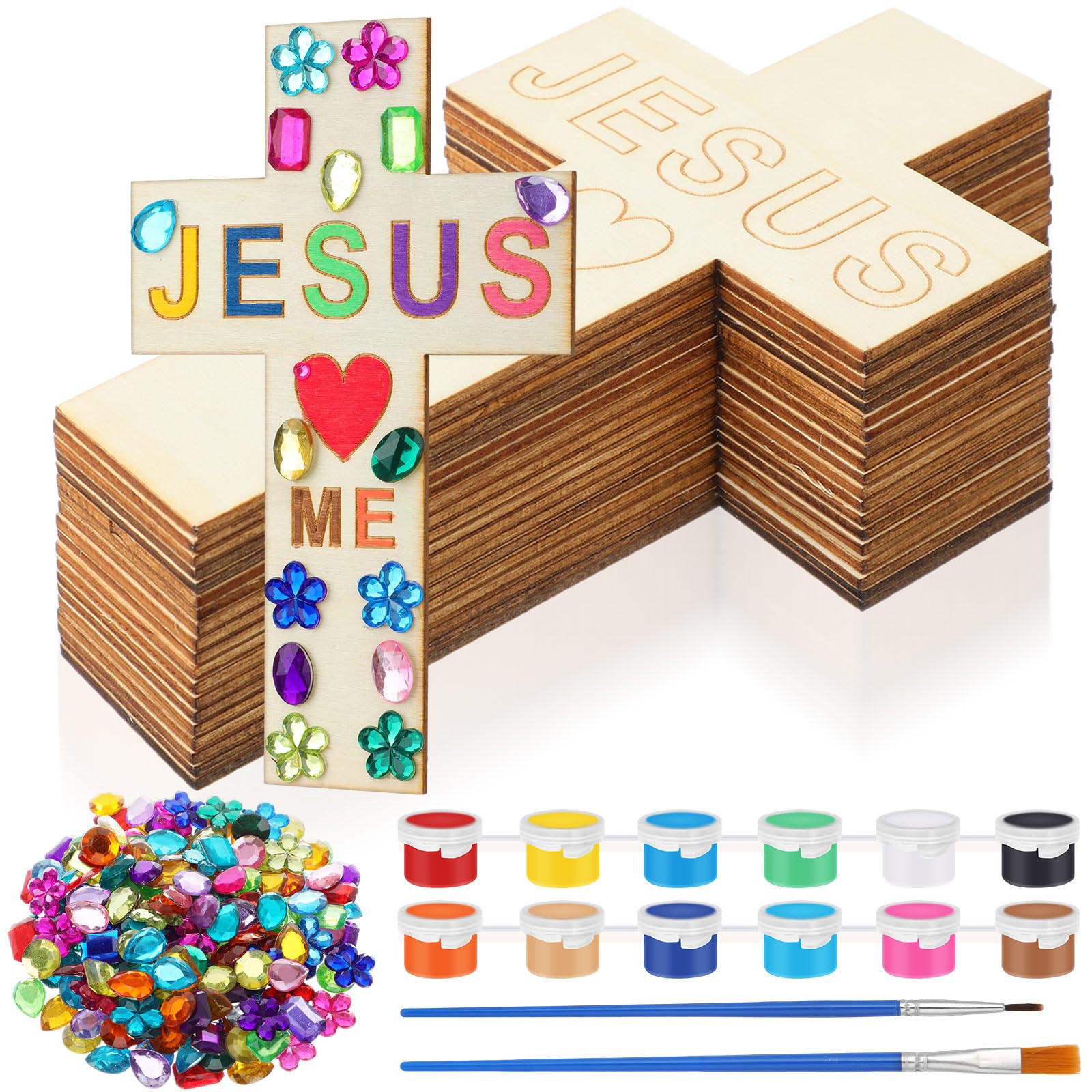 Blueweenly 30 Pcs DIY Wood Cross Crafts for Kids Valentines Sunday School Vacation Bible School Supplies Jesus Love Me Religious Christian Craft with