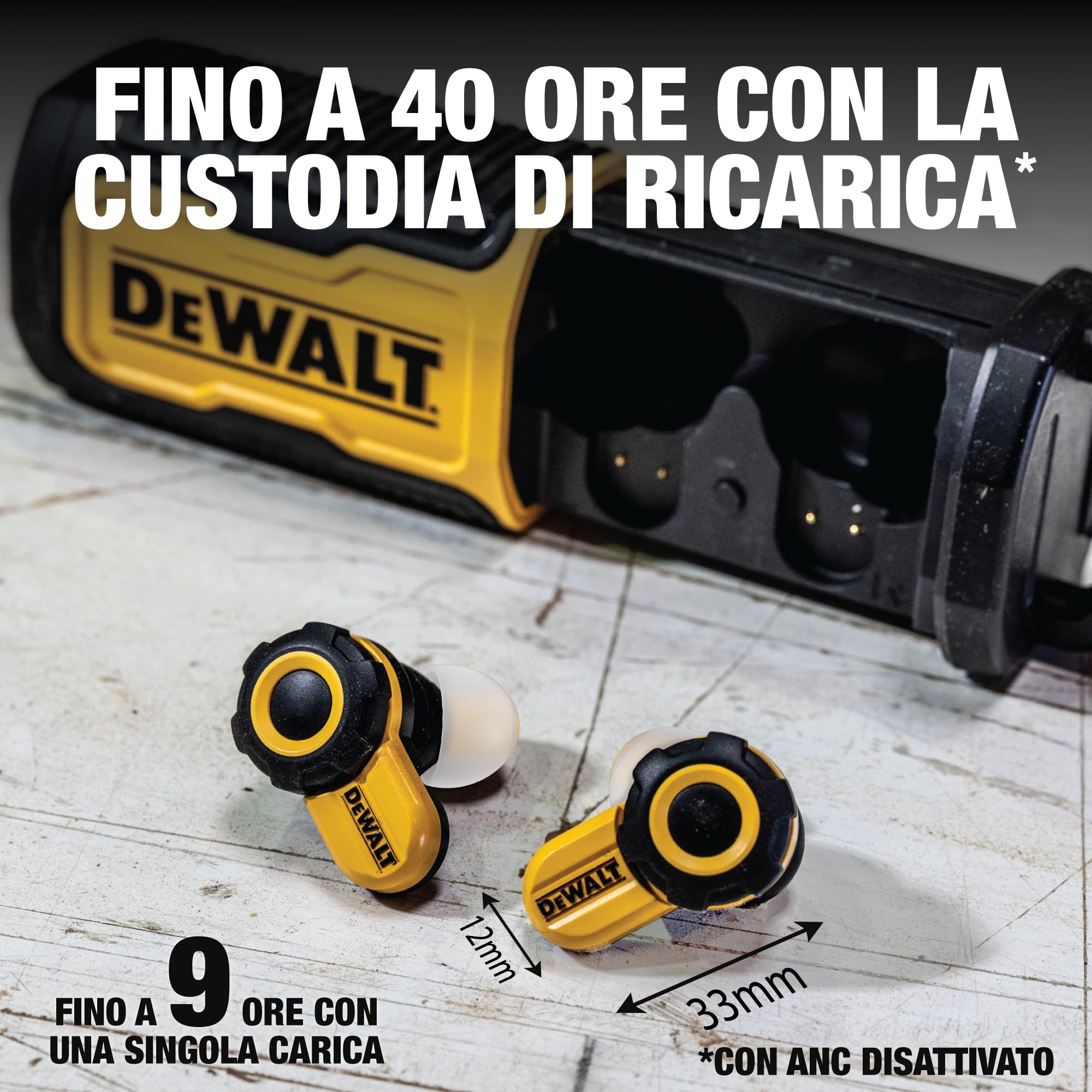 DEWALT - Auricolari Bluetooth Jobsite Pro X2 ANC completamente wireless, auricolari da lavoro con riduzione del rumore fino a 38 dB, controlli a rotazione, autonomia di 10 ore (più di 40 con la
