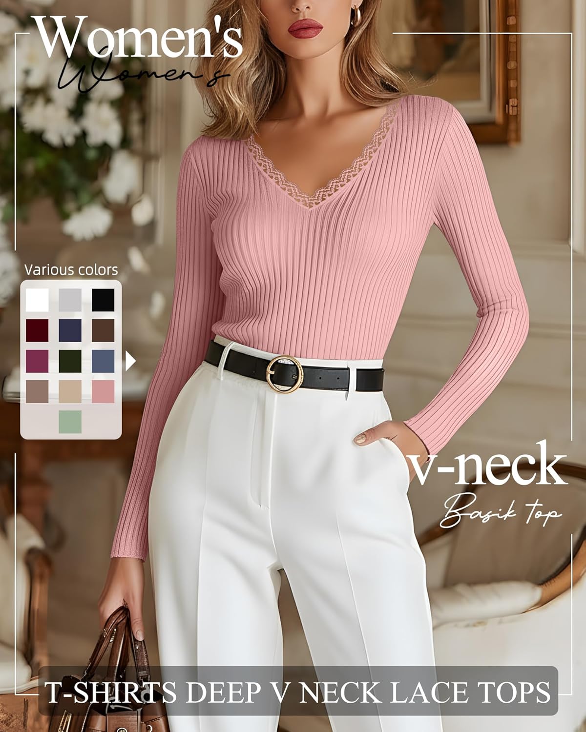 3 Pack Women's Cotton Long Sleeve Shirts, Ribbed Knit Deep V Neck T-Shirts Lace Sexy Tight Tees Slim Fit Tops - Image 5