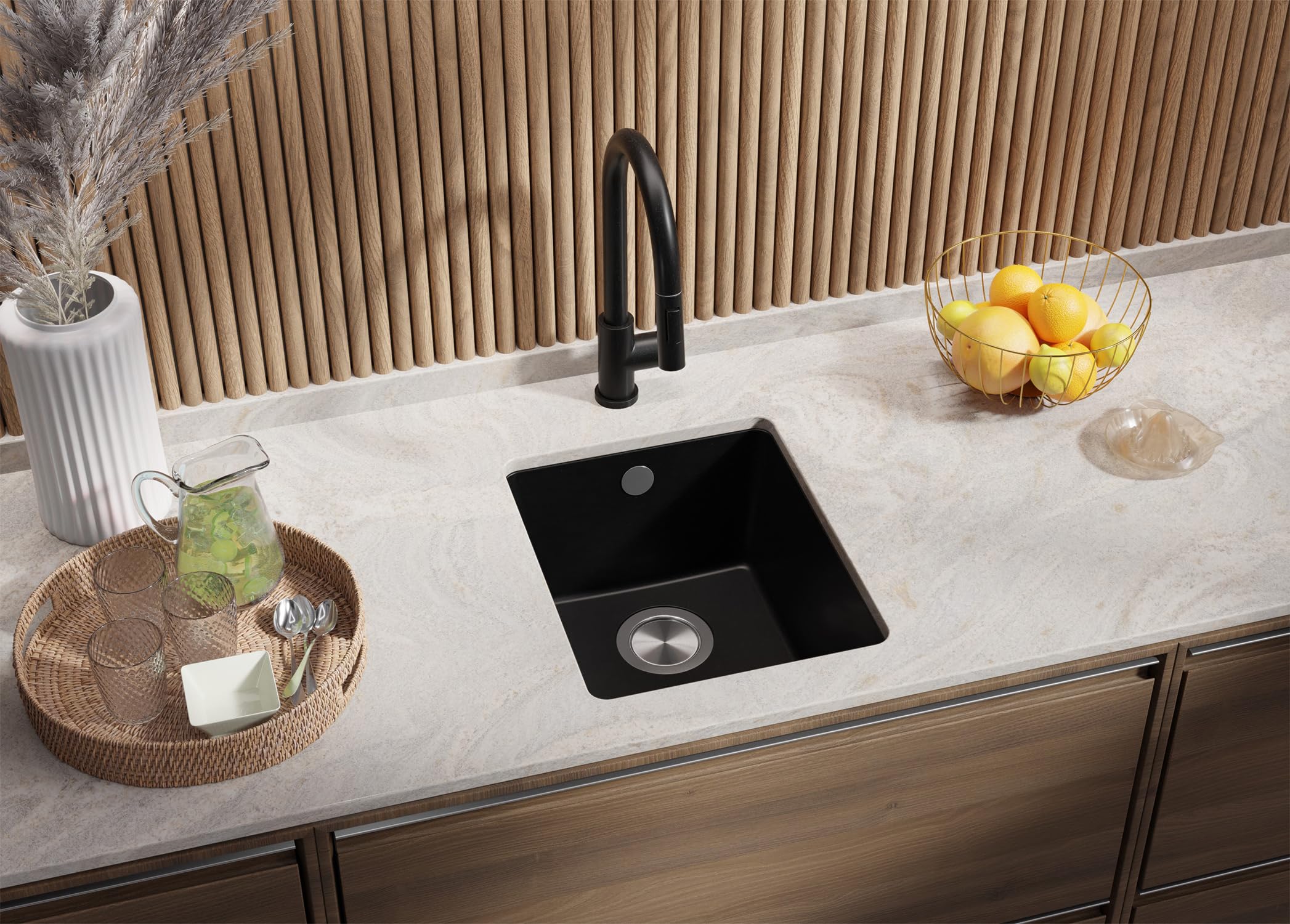 PRIMAGRAN Fregadero bajo Encimera Negro - Venecia Easy, 36x44cm | Cocina 1 Seno + Sifón, Granito al Mueble 40cm (S001)