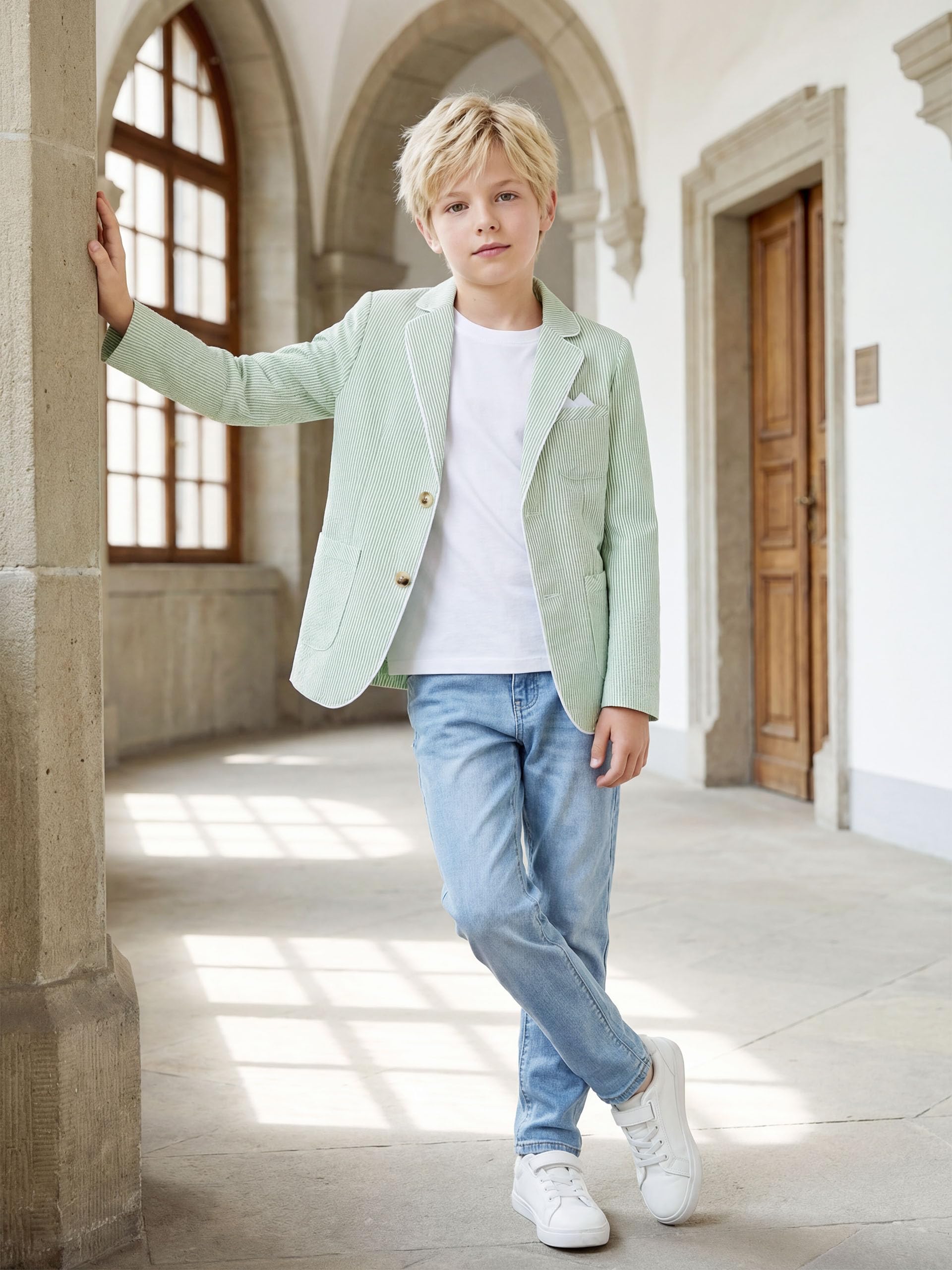 LOLANTA Blazer en Seersucker Respirant pour Enfants, Veste de Costume rayée élégante pour garçons, pour Occasions décontractées d’été, 7-13 Ans - 3