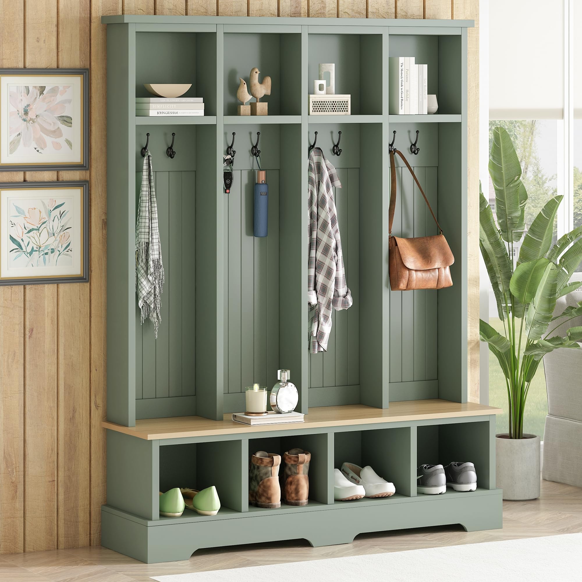 Photo 1 of *** ONLY BOX ONE OF TWO ***Merax Farmhouse Hall Tree with Bench and Shoe Storage, 59" Entryway Bench with Coat Rack, 3-in-1 Hall Tree with Top Compartments and 8 Hooks for Hallway, Living Room, Green