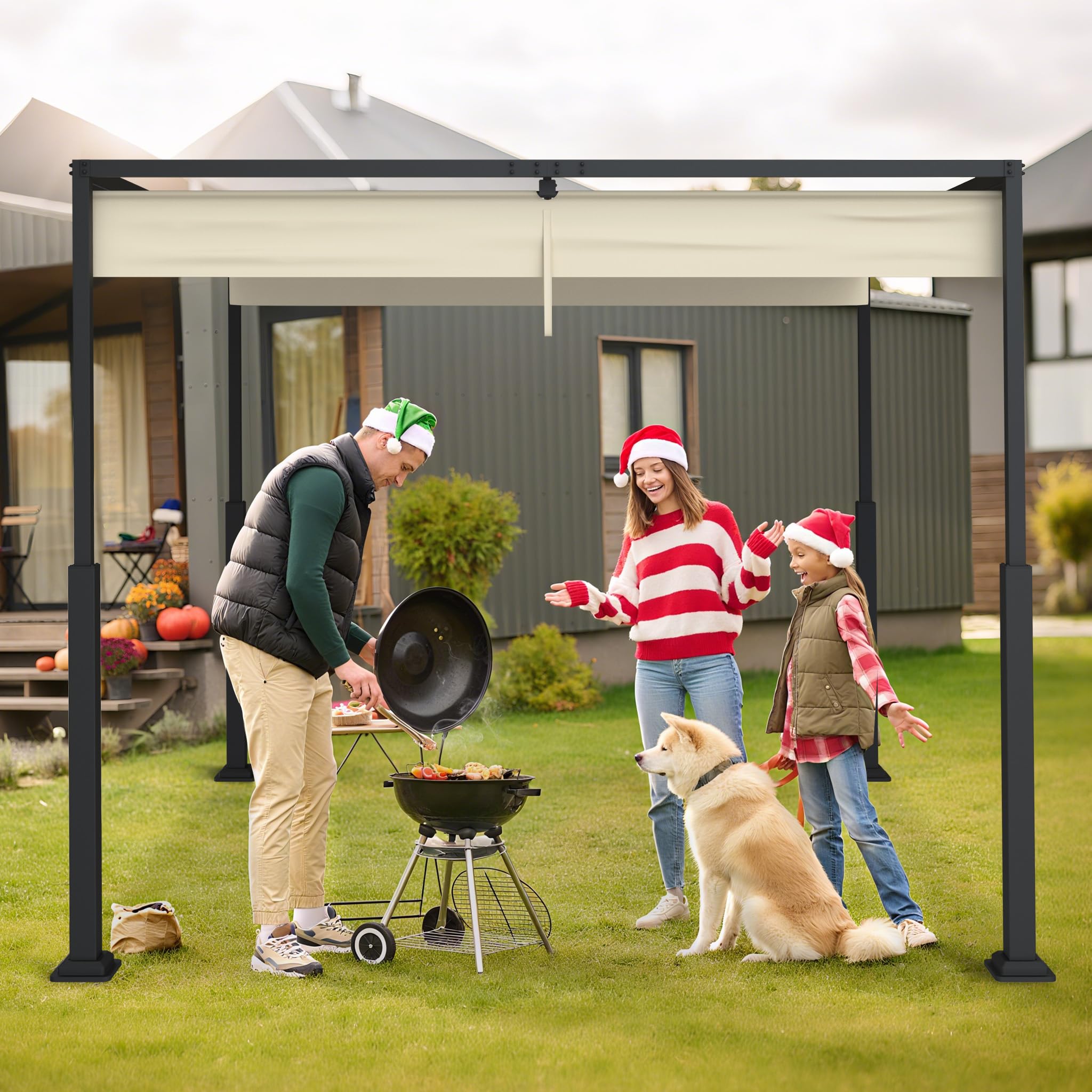 YRHome Pergola z przesuwnym dachem 3 x 3 m, pawilon ogrodowy ze stali i poliestru, wodoszczelny i odporny na warunki zimowe, wolnostojący dach tarasowy z wytrzymałymi metalowymi kolumnami, ochrona