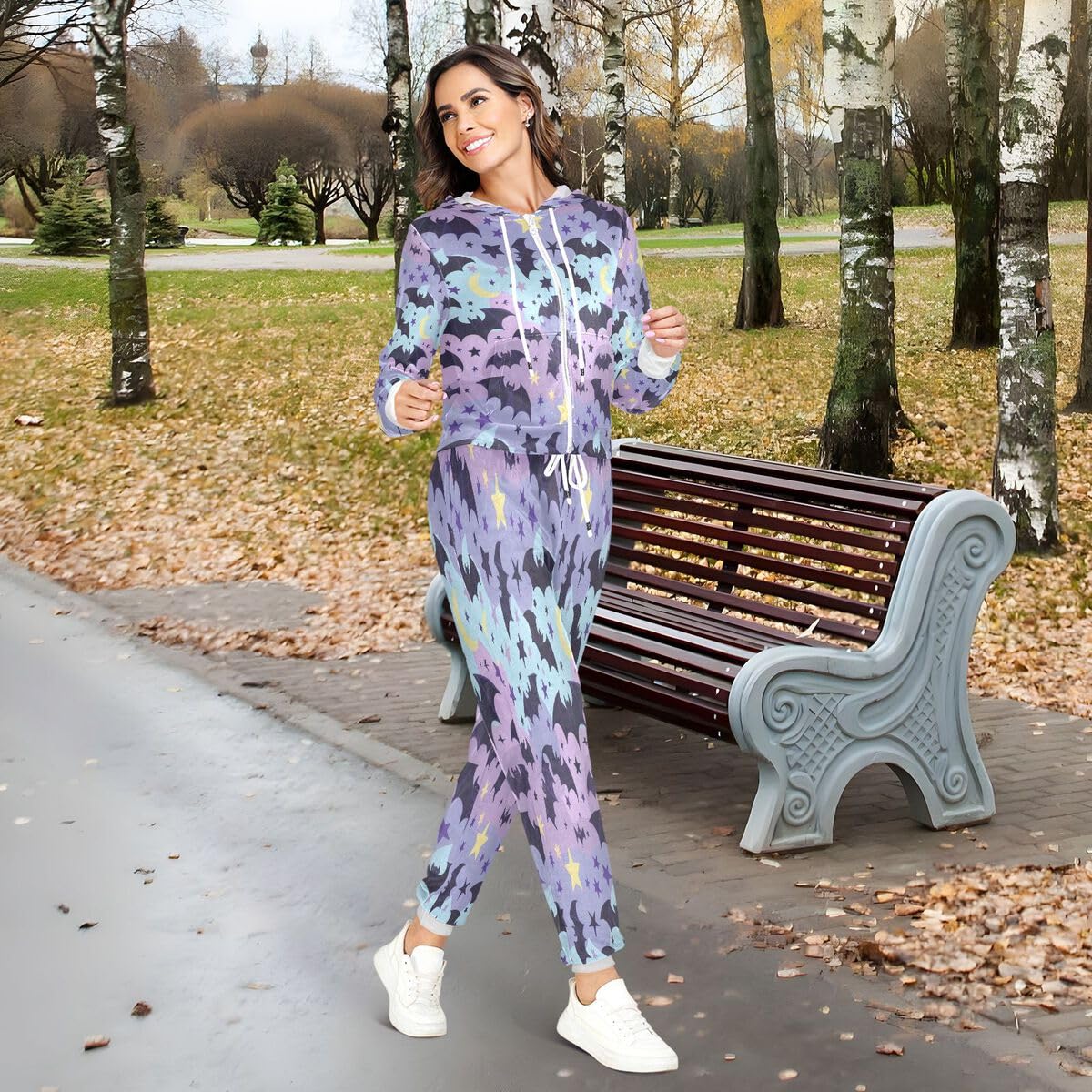 Conjunto deportivo de 2 piezas para mujer, diseño de murciélagos y estrellas, conjunto deportivo de manga larga para Halloween