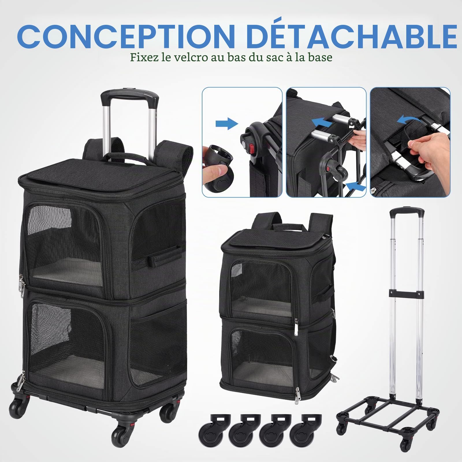 Sac de Transport pour 2 Chats avec roulettes jusqu'à 12kg, Noir | 2 compartiments jusqu'à 6kg chacun, Séparateur amovible, Chariot et roues détachables, Mode sac à dos, 2 laisses de sécurité
