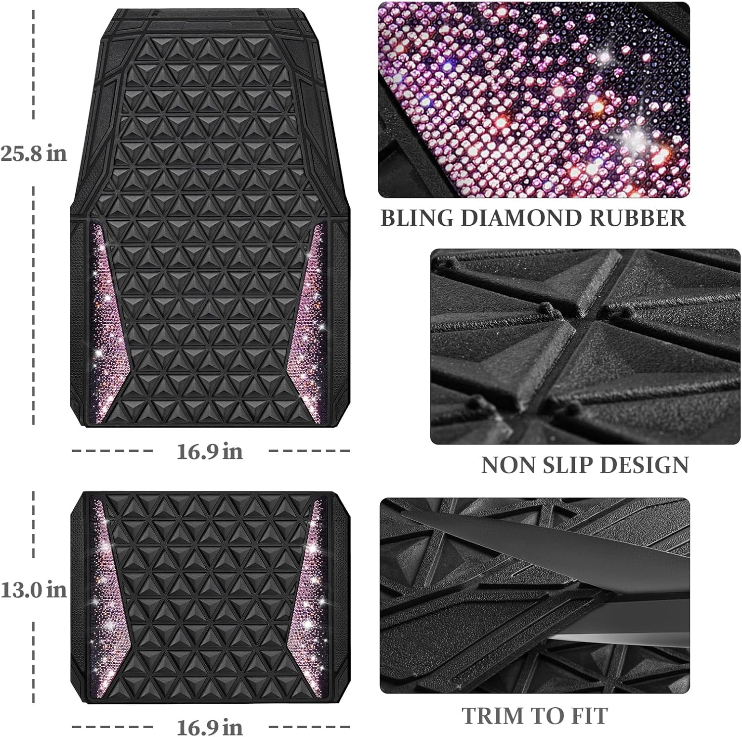 CAR PASS Bling Rubber Car Mats Diamond Floor Mats Full Set Anti-Slip 3D Rhombus Waterproof Universal Trim to Fit Liner Glitter Crystal Sparkly Shining Rhinestone Girl Women SUV Sedan Van, Black Pink - Image 4